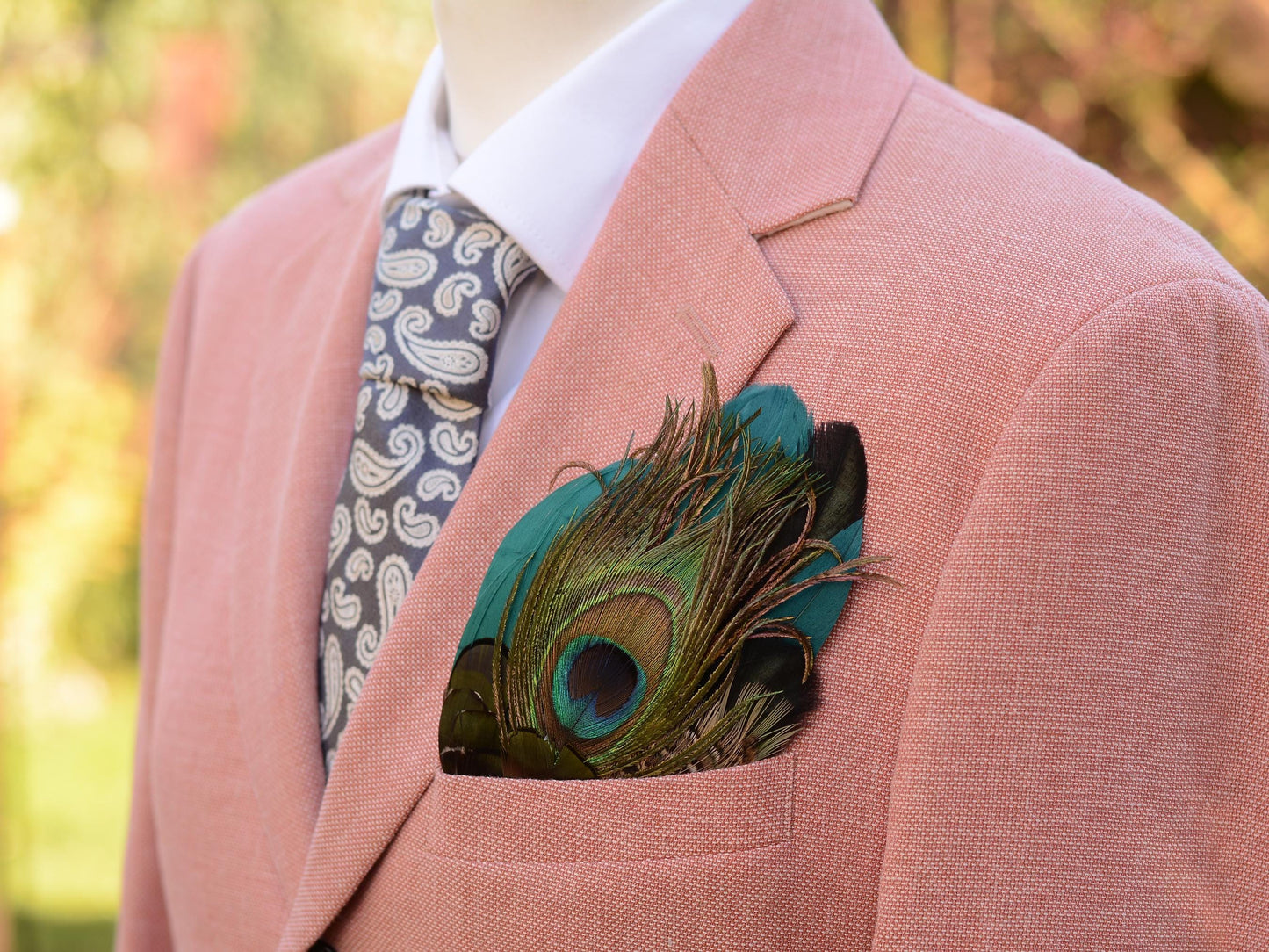 Peacock Feather Pocket Square in Teal and Deep Green No.194 | Suit Accessory | Feather Neck Tie | Grooms Outfit | Groomsmen Gift