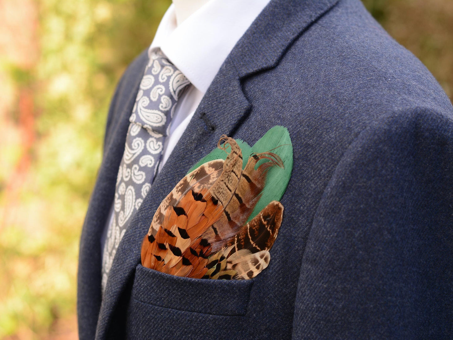 Green and Copper Pheasant Feather Pocket Square No.197 | Suit Accessory | Feather Neck Tie | Grooms Outfit | Groomsmen Gift