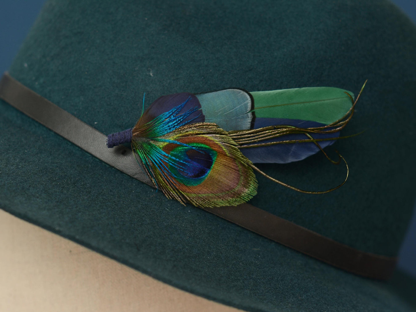 Green and Navy Peacock and Pheasant Feather Boutonniere | Peacock Feather Corsage | Peacock Feather Hat Pin