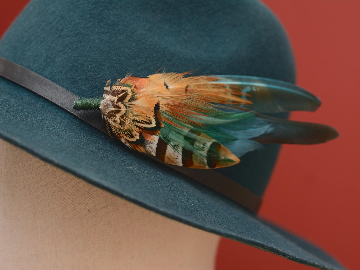 Pheasant Feather Hat Pin in Teal Green and Copper No.296 | Pheasant Feather Boutonniere / Feather Brooch