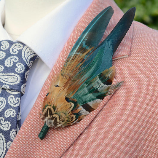 Pheasant Feather Hat Pin in Teal Green and Copper No.296 | Pheasant Feather Boutonniere / Feather Brooch