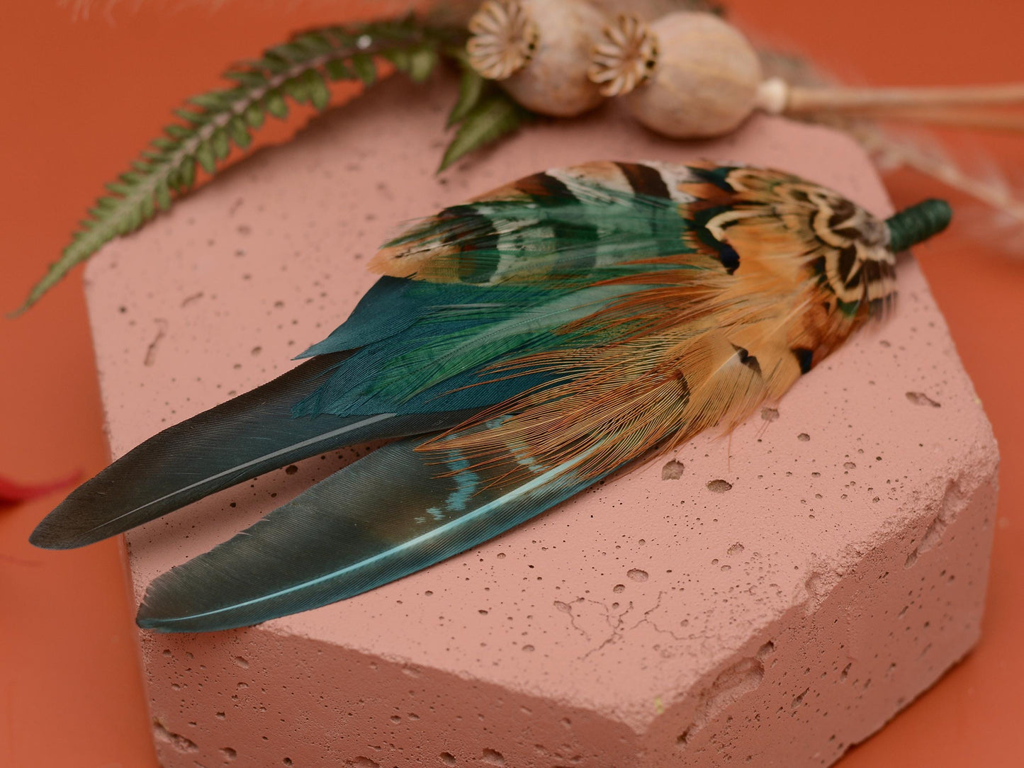 Pheasant Feather Hat Pin in Teal Green and Copper No.296 | Pheasant Feather Boutonniere / Feather Brooch