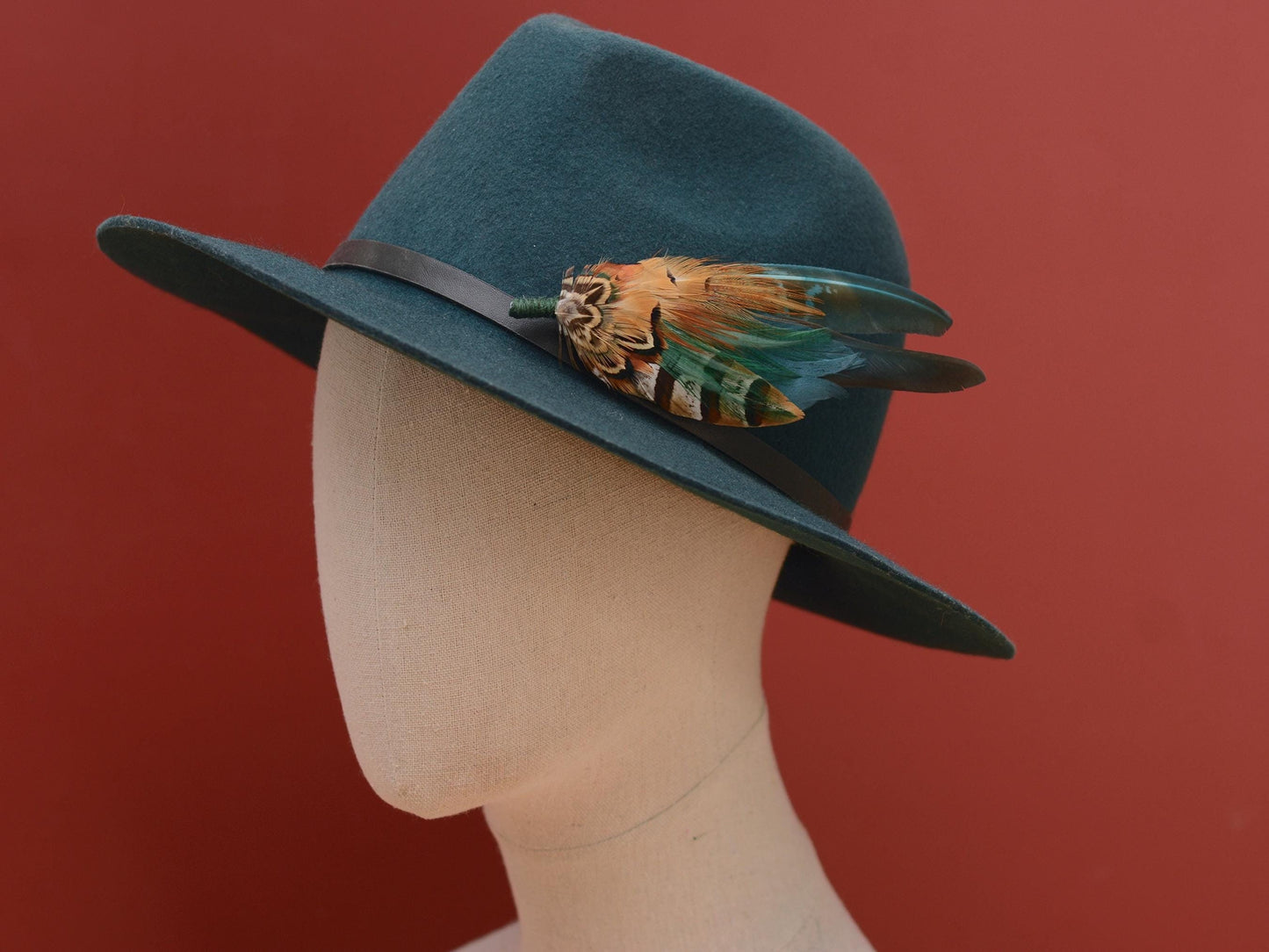 Pheasant Feather Hat Pin in Teal Green and Copper No.296 | Pheasant Feather Boutonniere / Feather Brooch