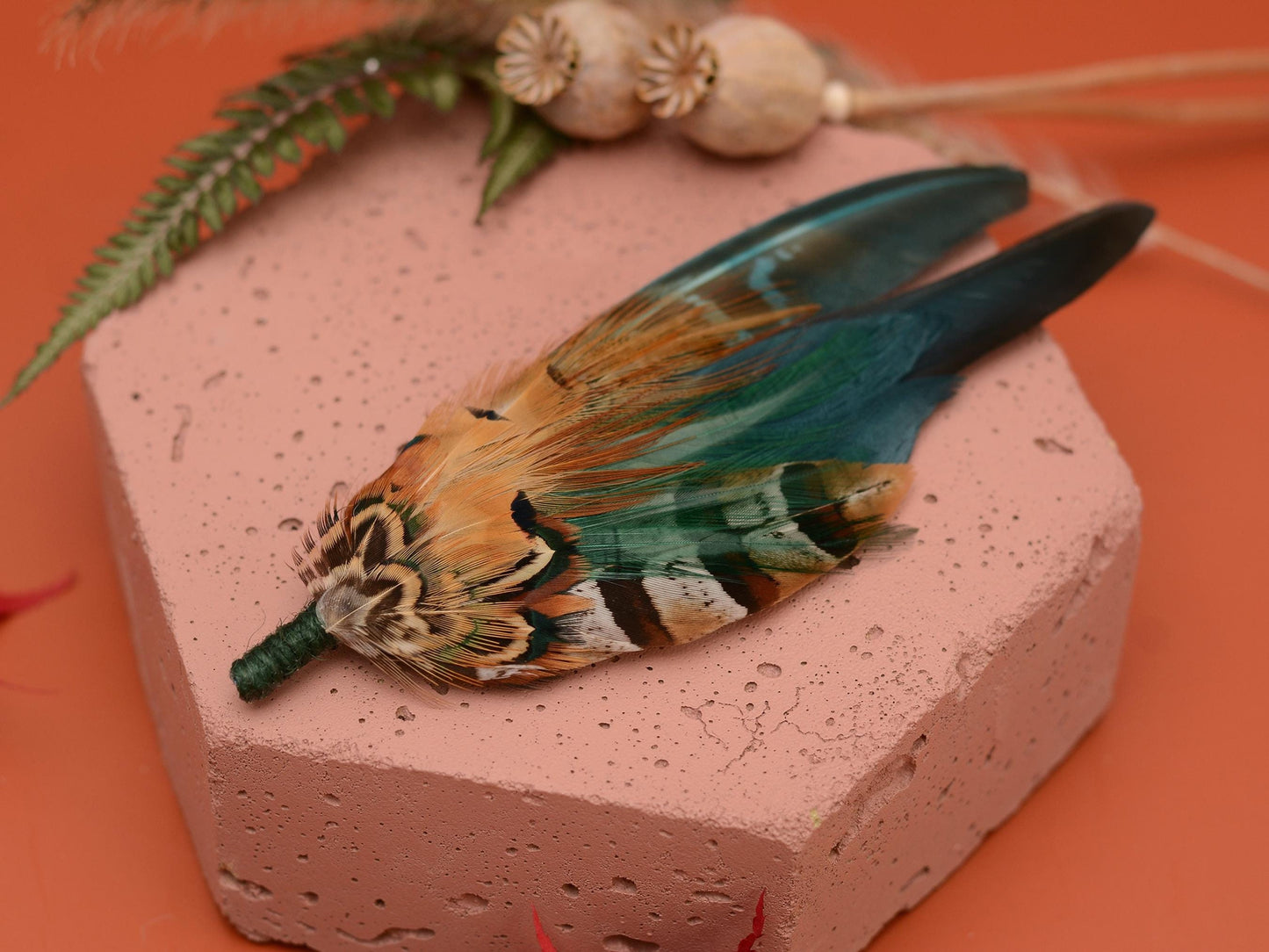 Pheasant Feather Hat Pin in Teal Green and Copper No.296 | Pheasant Feather Boutonniere / Feather Brooch