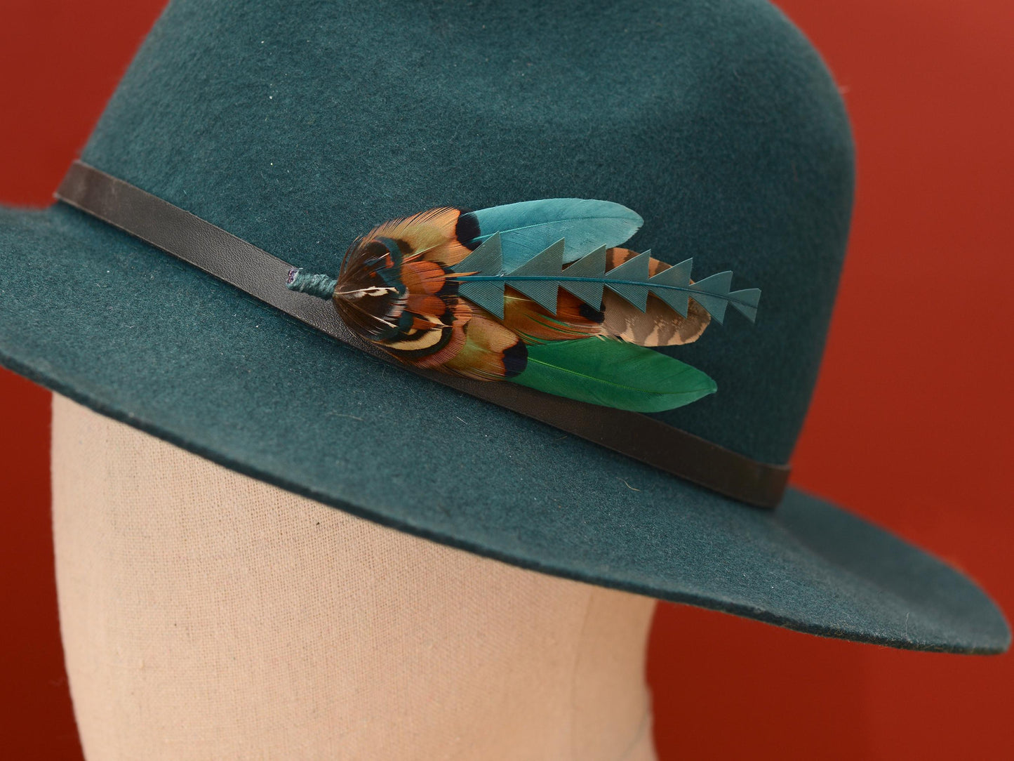 Pheasant and Duck Feather Brooch Pin in Bottle Green, Teal and Copper No.270 | Duck Feather Hat Pin | Unique Pheasant Feather Boutonniere