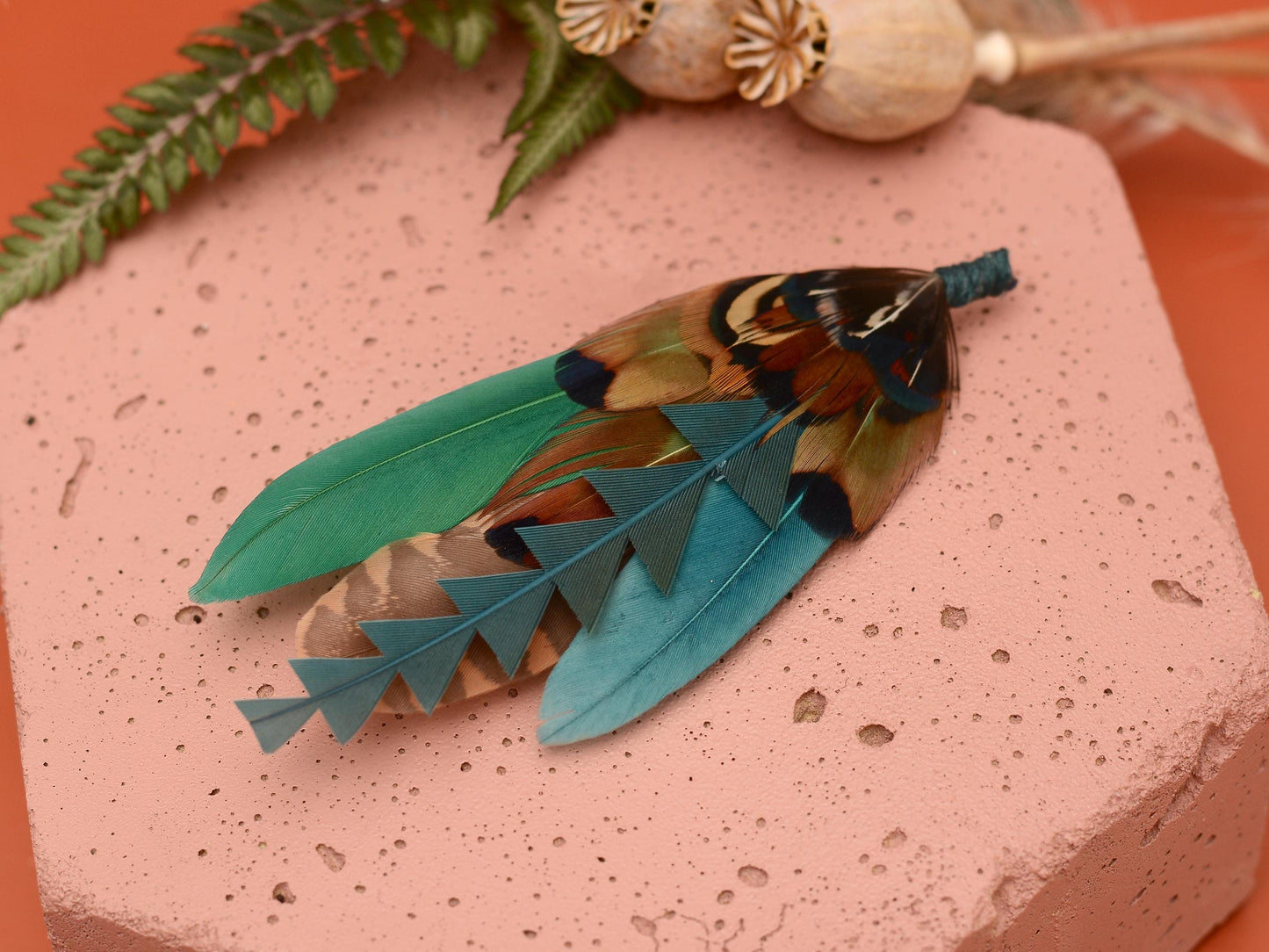 Pheasant and Duck Feather Brooch Pin in Bottle Green, Teal and Copper No.270 | Duck Feather Hat Pin | Unique Pheasant Feather Boutonniere