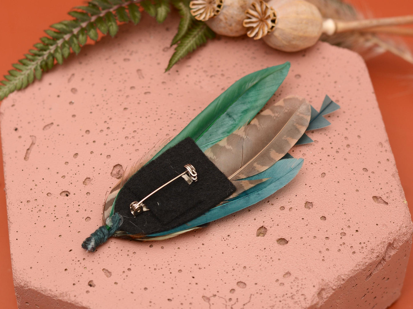 Pheasant and Duck Feather Brooch Pin in Bottle Green, Teal and Copper No.270 | Duck Feather Hat Pin | Unique Pheasant Feather Boutonniere