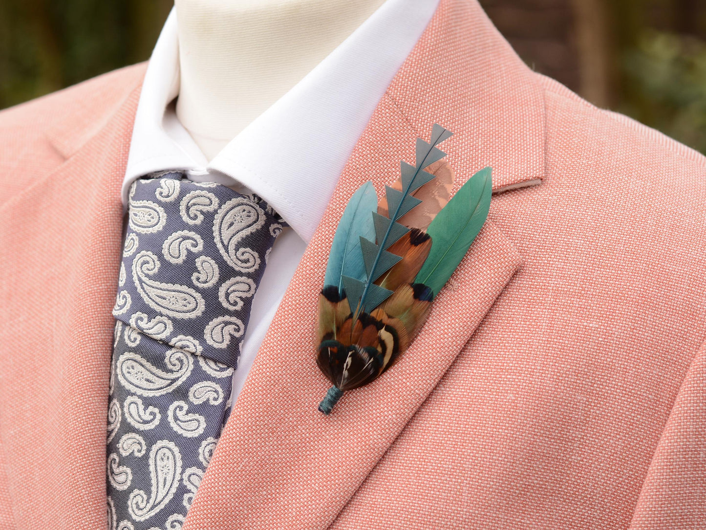 Pheasant and Duck Feather Brooch Pin in Bottle Green, Teal and Copper No.270 | Duck Feather Hat Pin | Unique Pheasant Feather Boutonniere
