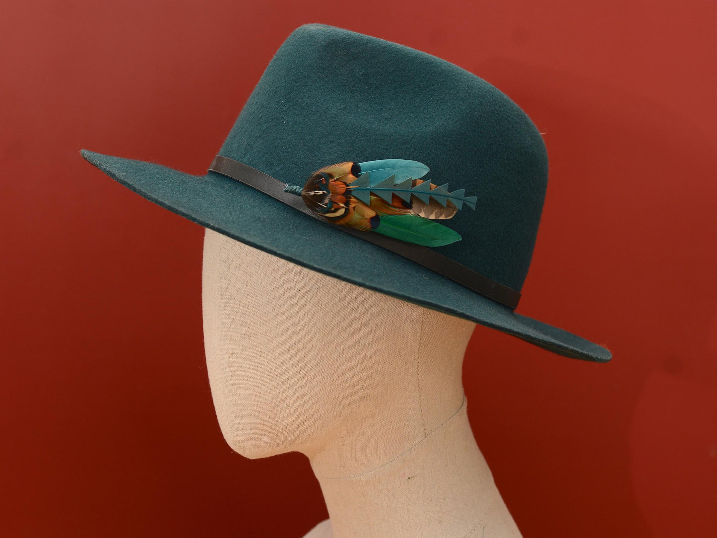 Pheasant and Duck Feather Brooch Pin in Bottle Green, Teal and Copper No.270 | Duck Feather Hat Pin | Unique Pheasant Feather Boutonniere