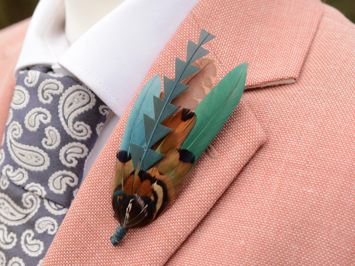 Pheasant and Duck Feather Brooch Pin in Bottle Green, Teal and Copper No.270 | Duck Feather Hat Pin | Unique Pheasant Feather Boutonniere