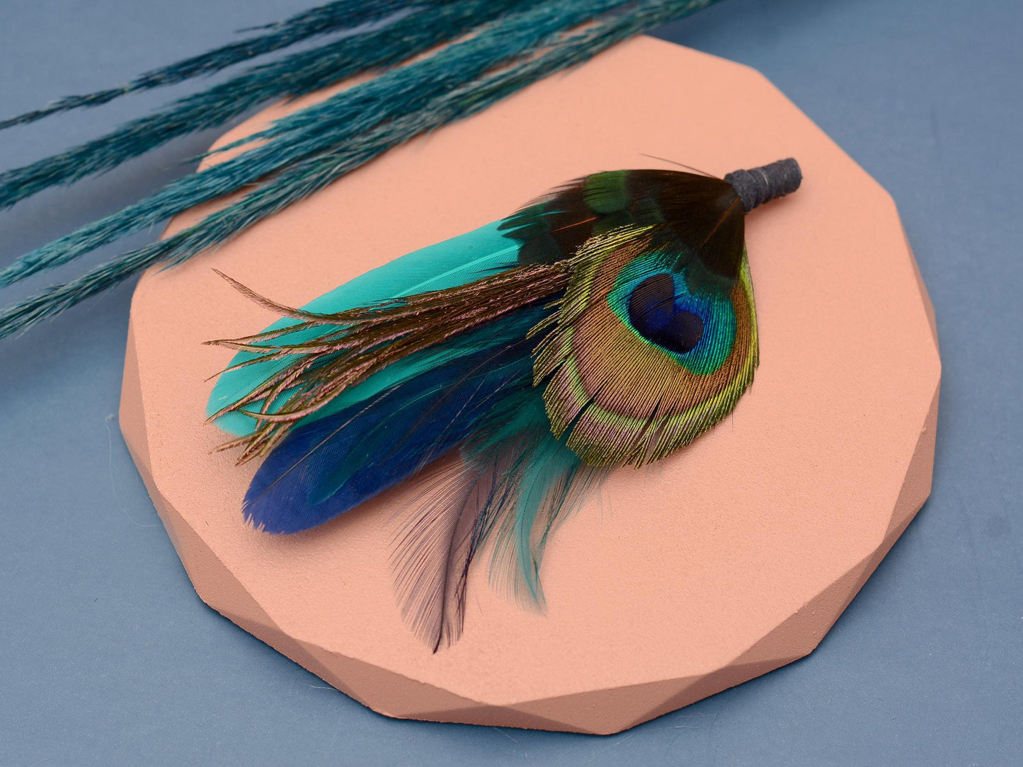 Teal Turquoise and Navy Peacock Feather Hat Pin / Brooch | Peacock Feather Boutonniere | Peacock Feather Brooch