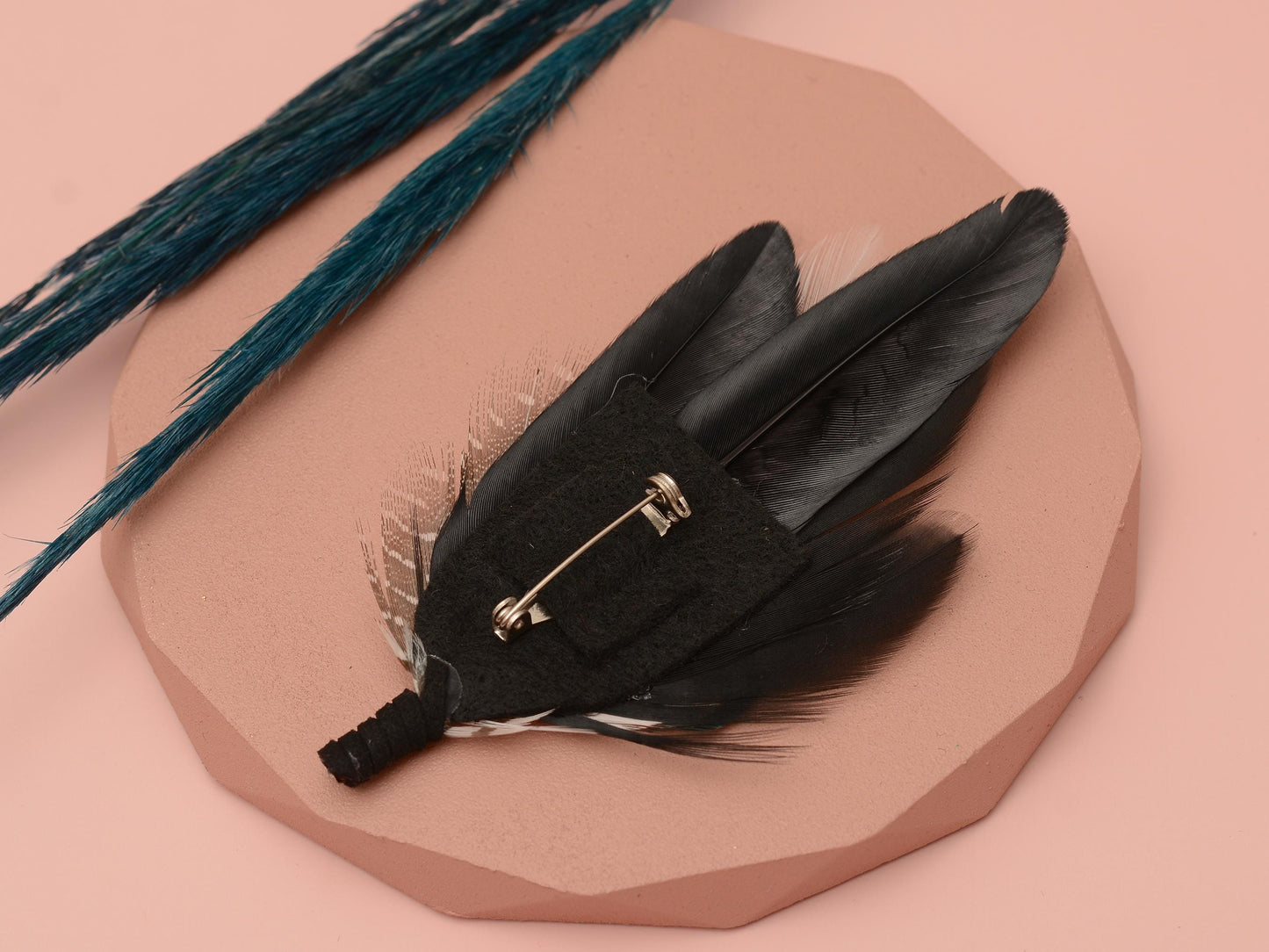 Feather Brooch Pin in Monochrome Black and White | Feather Boutonniere | Pheasant Feather Lapel Pin | Feather Hat Pin