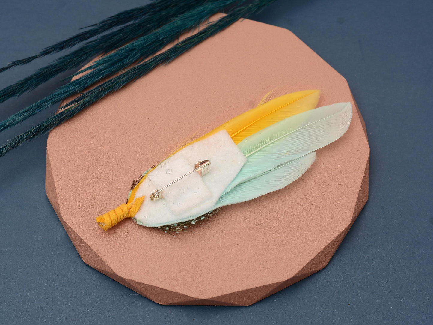 Feather Hat Pin in Mint Green and Yellow | Duck Feather Brooch | Duck Feather Boutonniere | Feather Hat Pin