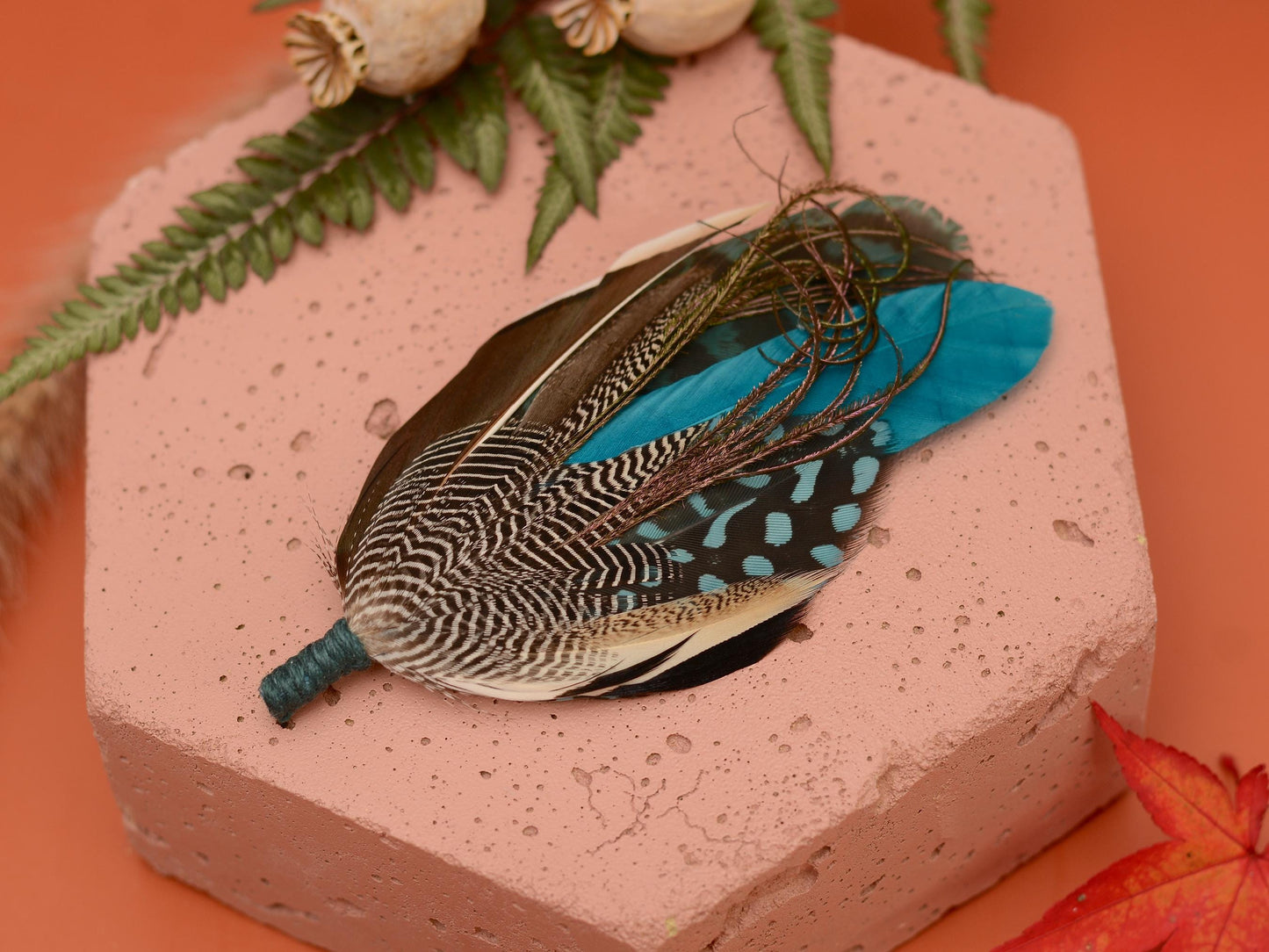 Duck Feather Brooch Pin in Teal and Turquoise No.295 | Unique Duck Feather Boutonniere | Duck Feather Hat Pin