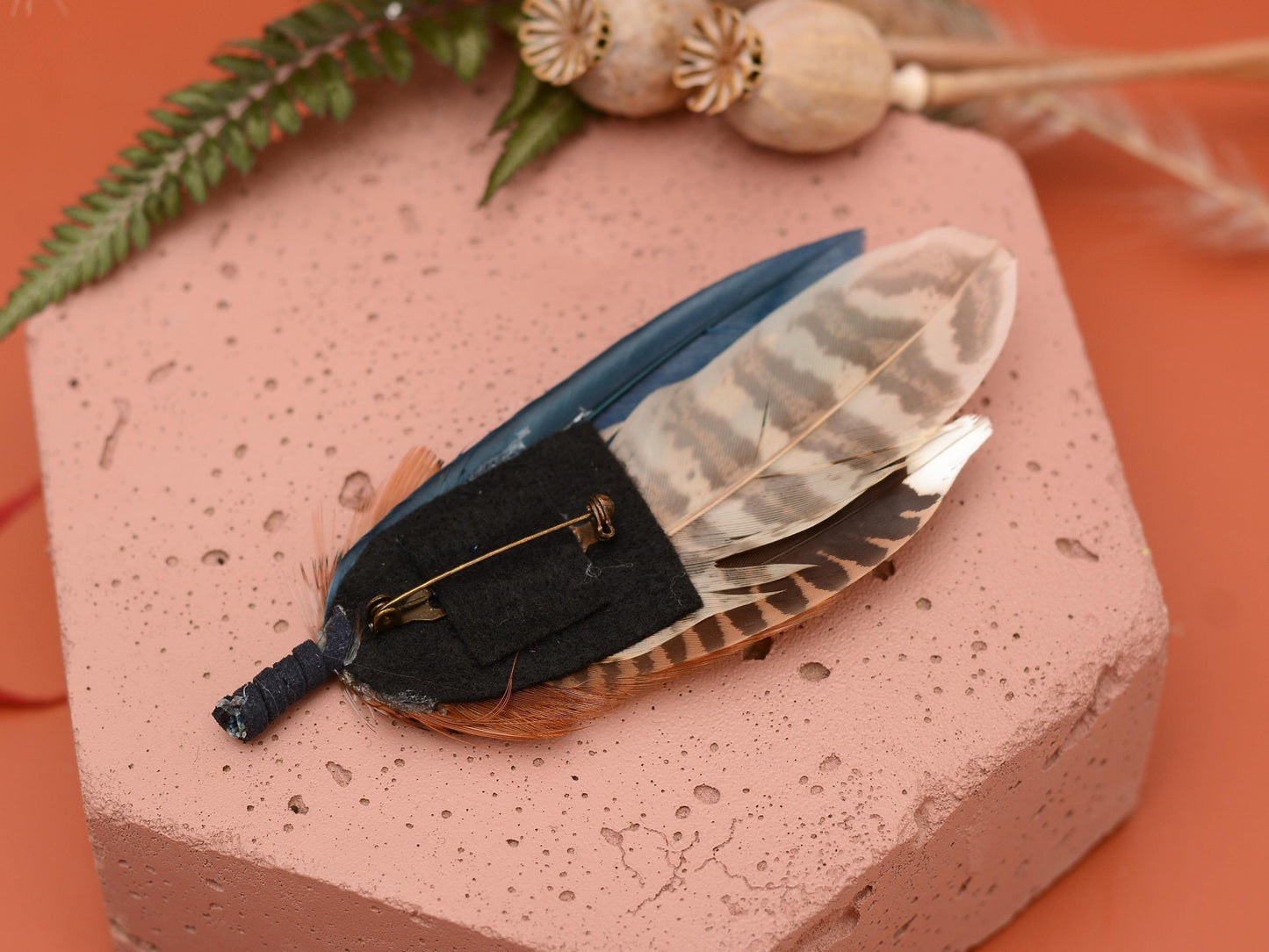 Pheasant and Duck Feather Hat Pin in Copper, Navy and Green No.246 | Unique Pheasant Feather Boutonniere | Duck Feather Brooch