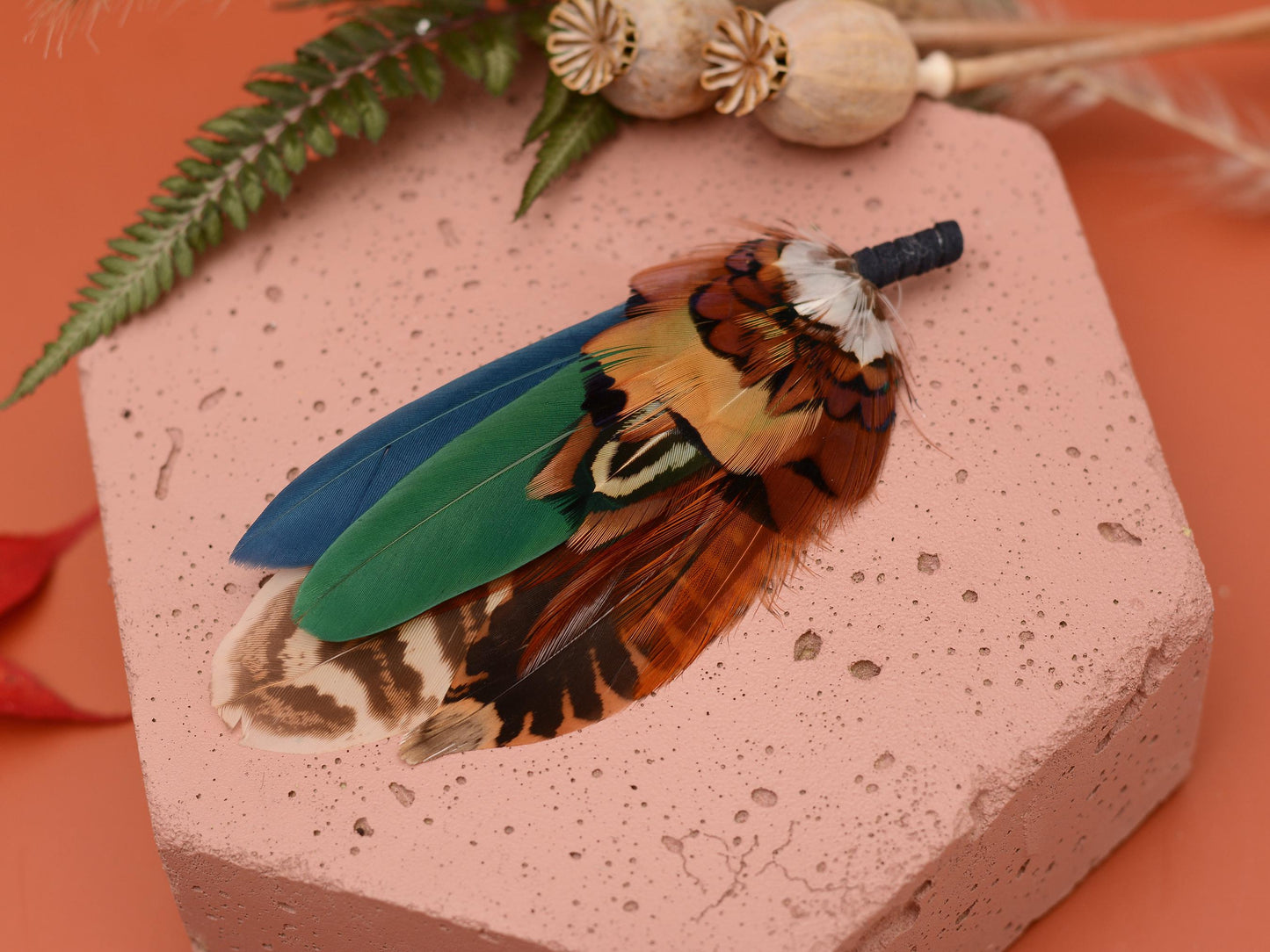 Pheasant and Duck Feather Hat Pin in Copper, Navy and Green No.246 | Unique Pheasant Feather Boutonniere | Duck Feather Brooch
