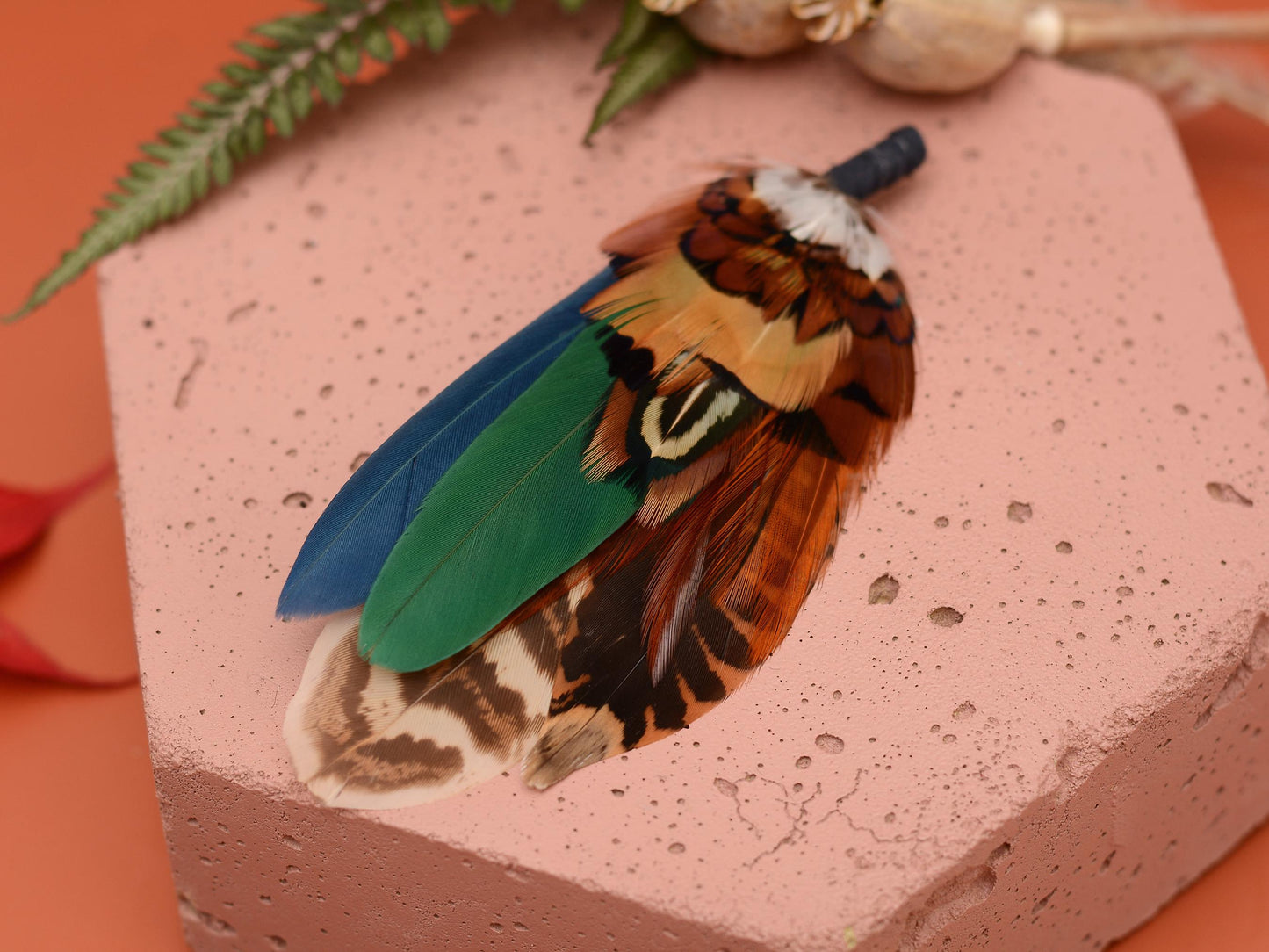 Pheasant and Duck Feather Hat Pin in Copper, Navy and Green No.246 | Unique Pheasant Feather Boutonniere | Duck Feather Brooch