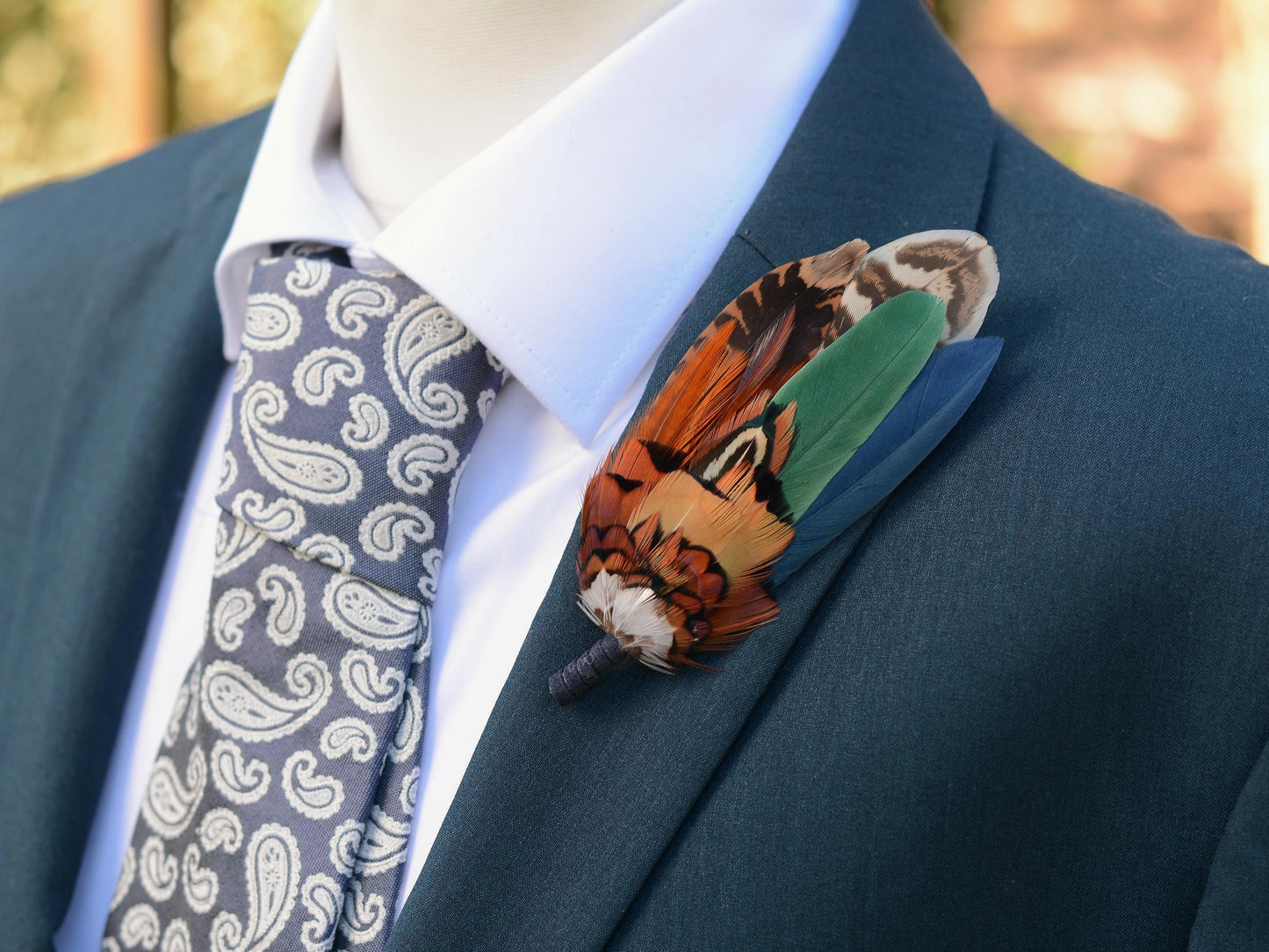Pheasant and Duck Feather Hat Pin in Copper, Navy and Green No.246 | Unique Pheasant Feather Boutonniere | Duck Feather Brooch