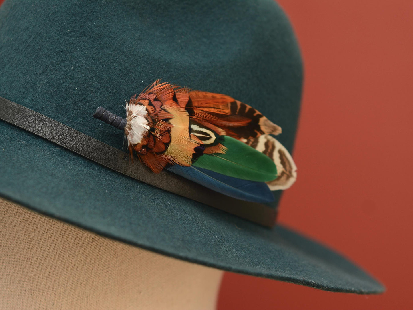 Pheasant and Duck Feather Hat Pin in Copper, Navy and Green No.246 | Unique Pheasant Feather Boutonniere | Duck Feather Brooch