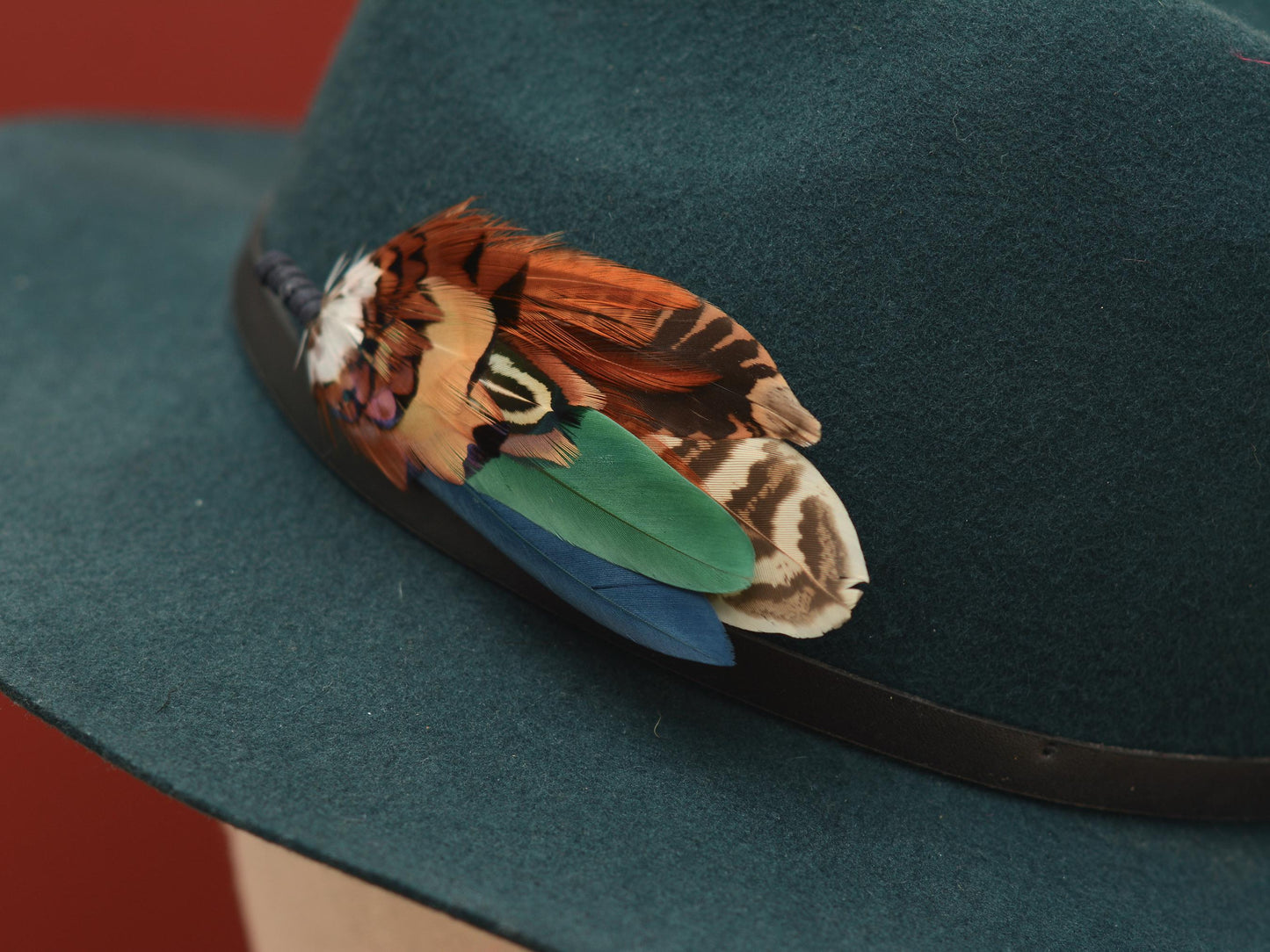 Pheasant and Duck Feather Hat Pin in Copper, Navy and Green No.246 | Unique Pheasant Feather Boutonniere | Duck Feather Brooch