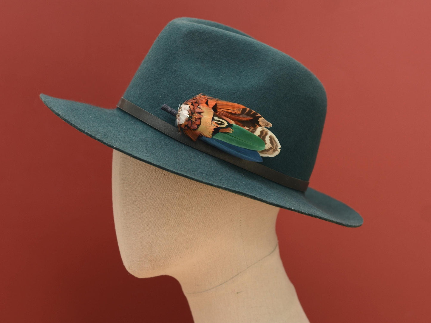 Pheasant and Duck Feather Hat Pin in Copper, Navy and Green No.246 | Unique Pheasant Feather Boutonniere | Duck Feather Brooch