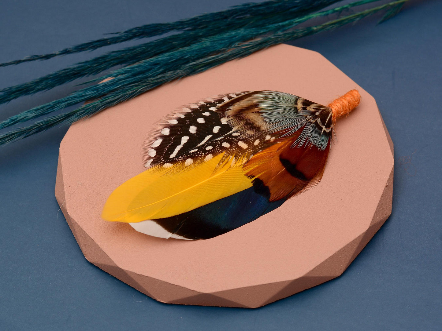 Navy Blue and Mustard Yellow Duck and Pheasant Feather Boutonniere / Feather Hat Pin