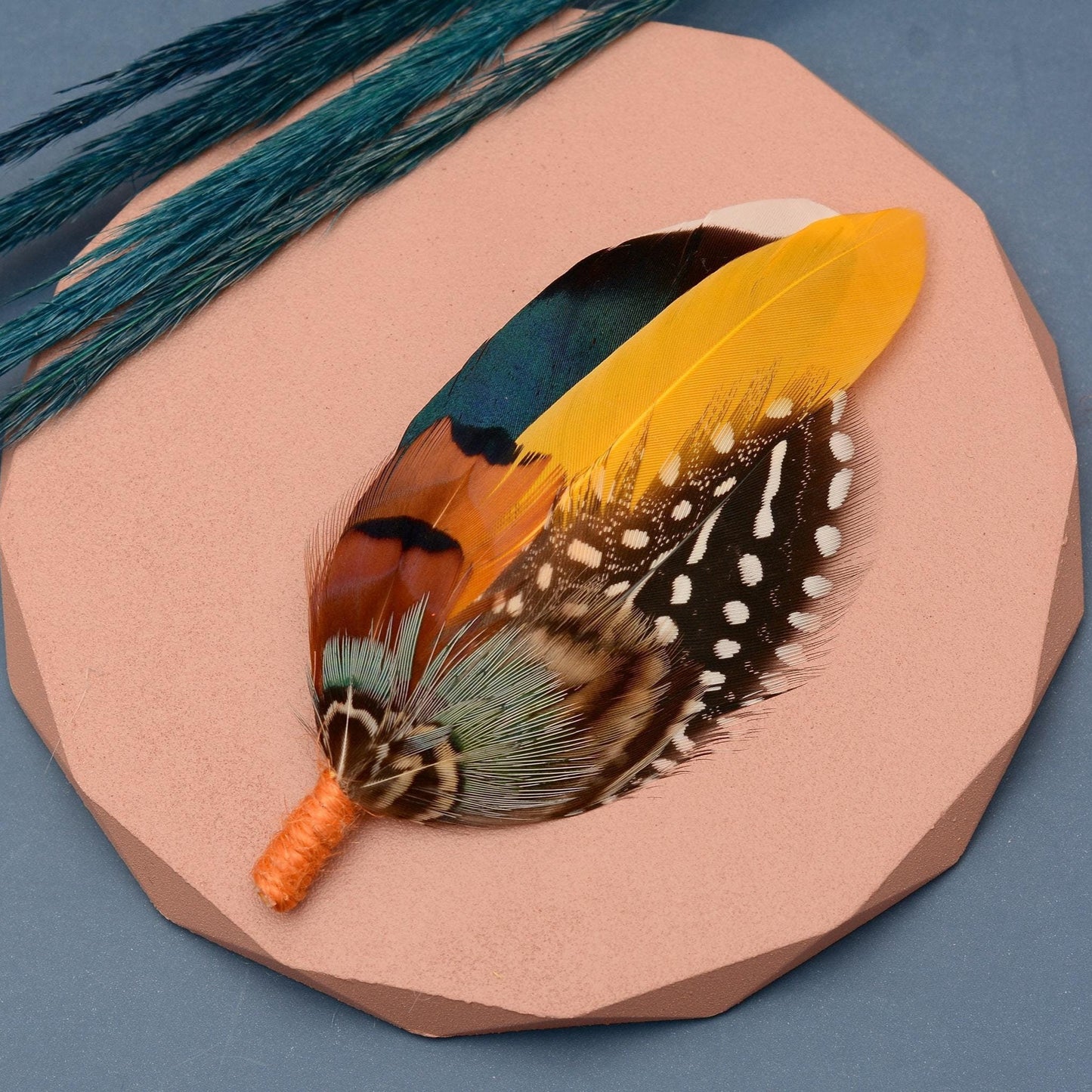 Navy Blue and Mustard Yellow Duck and Pheasant Feather Boutonniere / Feather Hat Pin