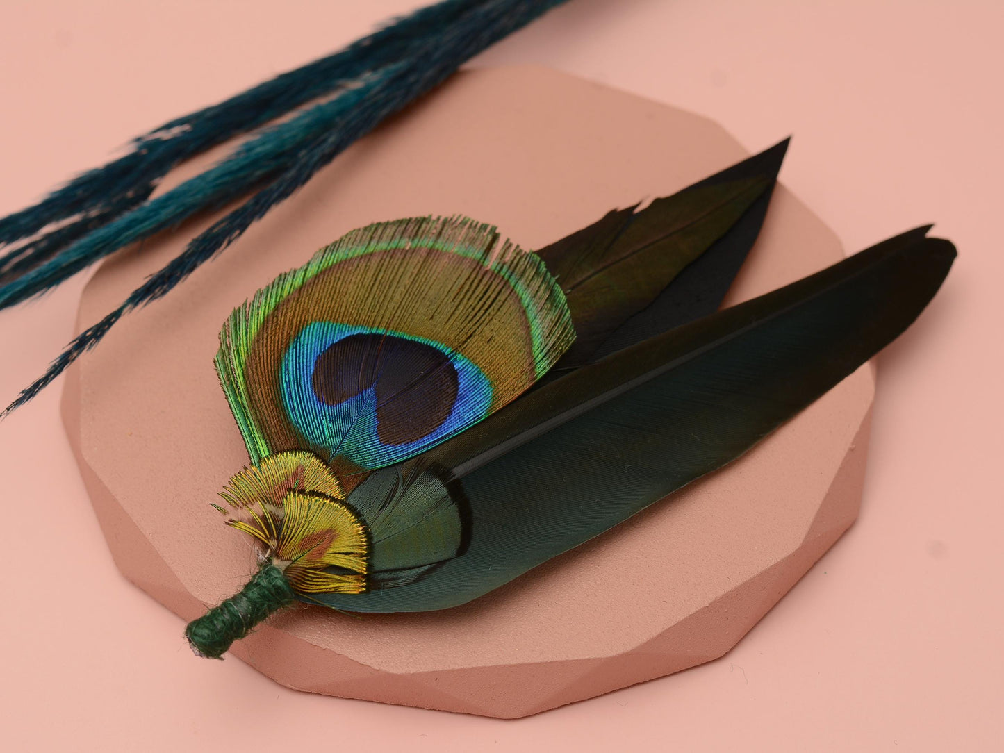 Peacock Feather Hat Pin in Green and Black | Peacock Feather Boutonniere | Peacock Feather Brooch