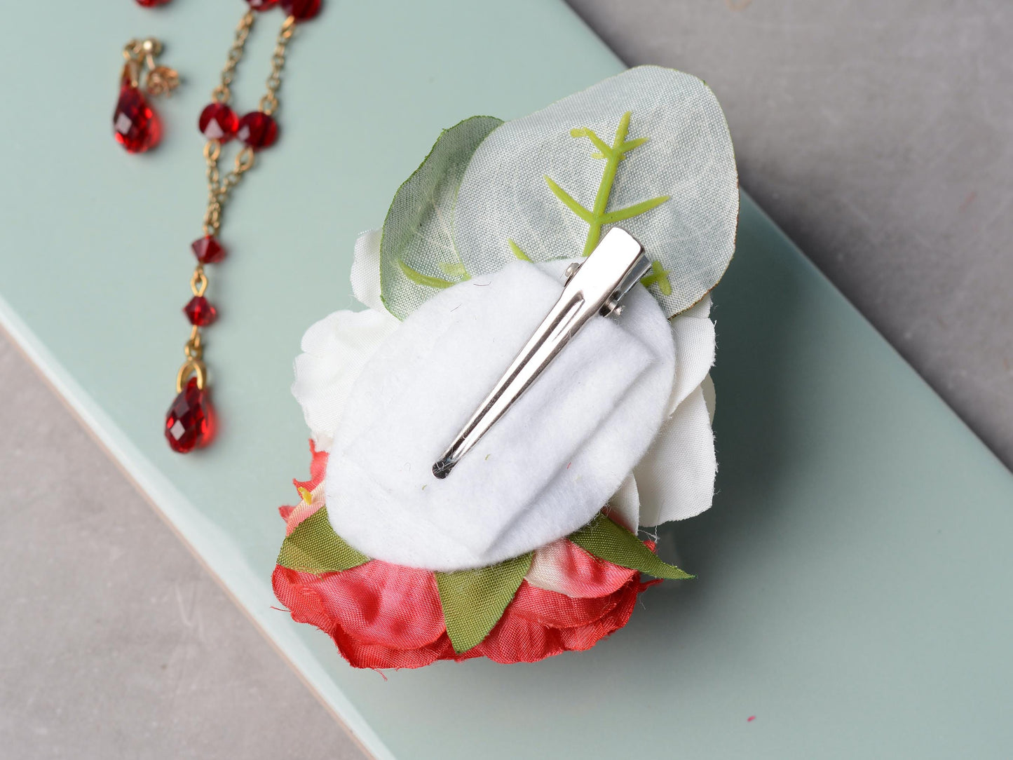 Rose Flower Hair Clip in Red and Off-White | Silk Flower Hair Clip | Bridal Hair Clip | Bridesmaids Hair Clip | Floral Headpiece