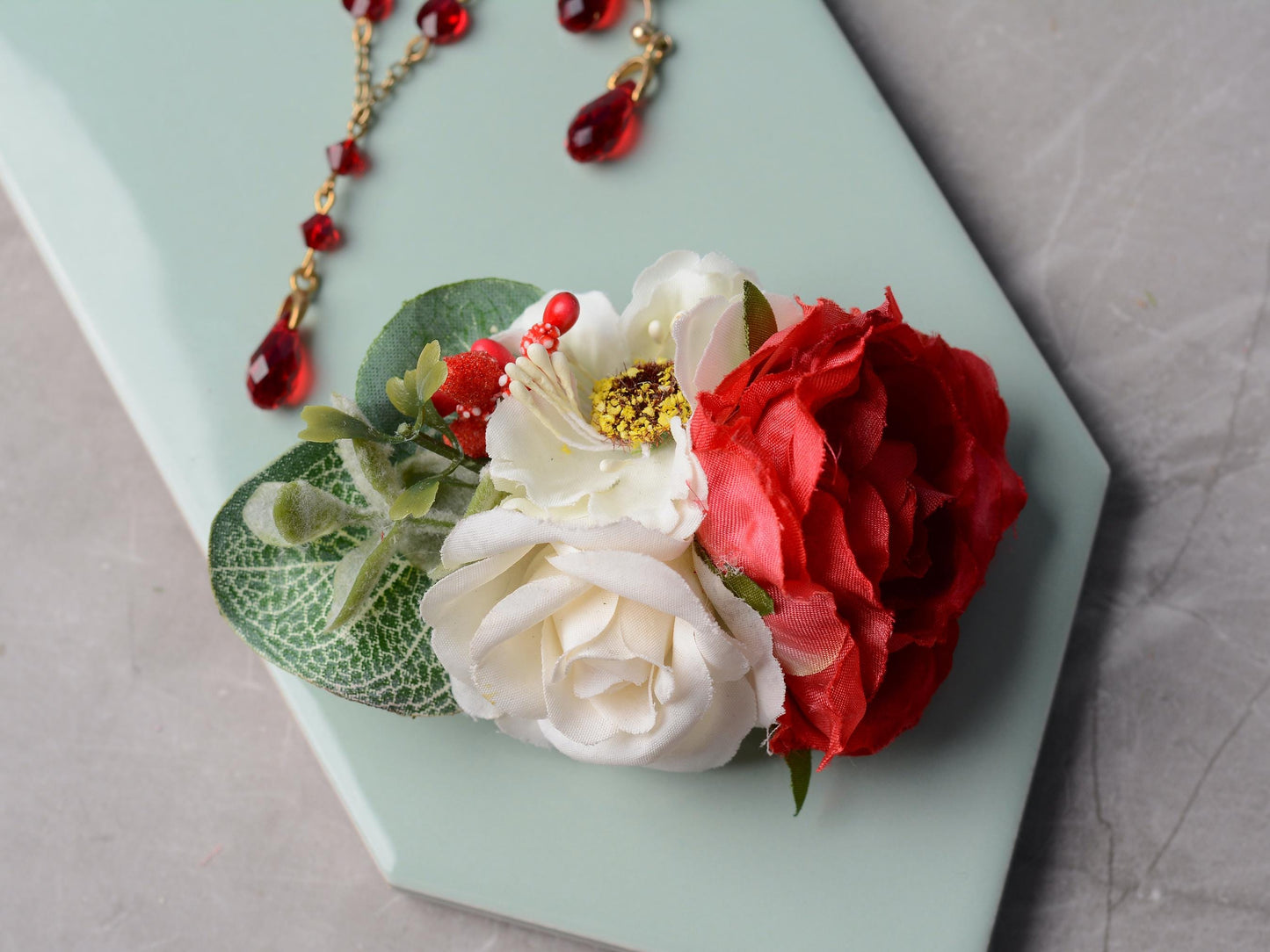 Rose Flower Hair Clip in Red and Off-White | Silk Flower Hair Clip | Bridal Hair Clip | Bridesmaids Hair Clip | Floral Headpiece