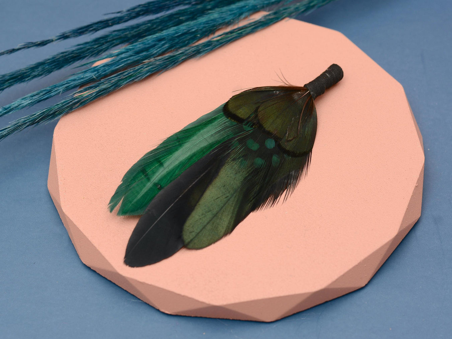 Feather Brooch Pin in Black and Bottle Green | Duck Feather Boutonniere | Feather Hat Pin