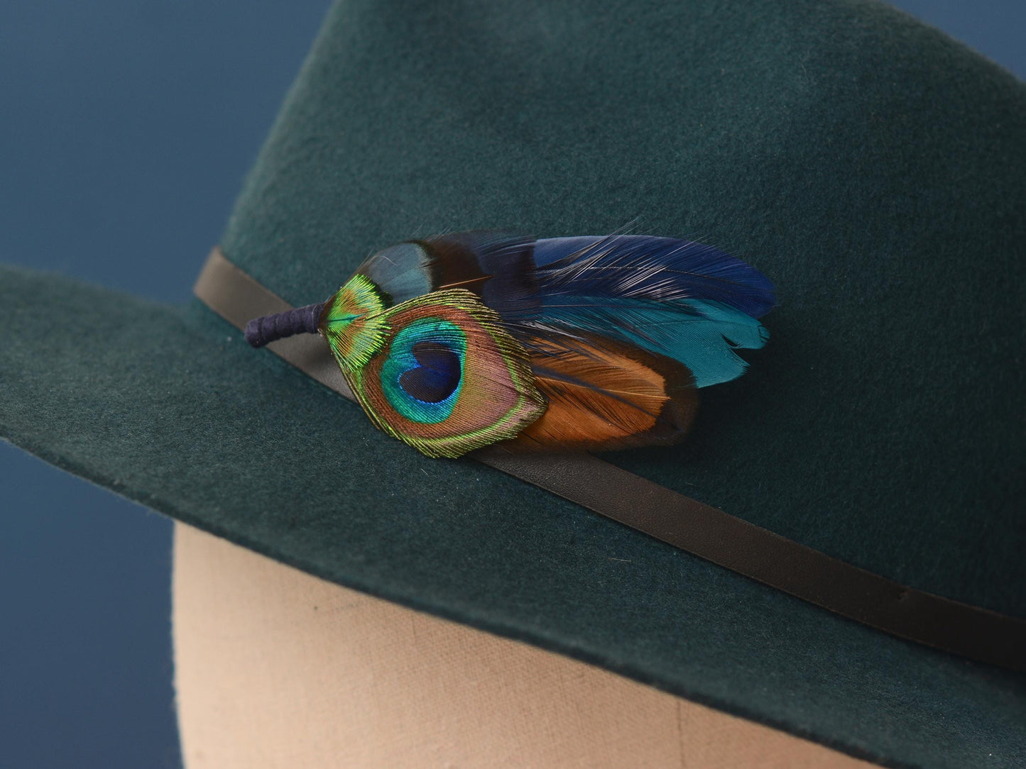 Navy and Teal Peacock Feather Boutonniere / Hat Pin | Peacock Feather Brooch