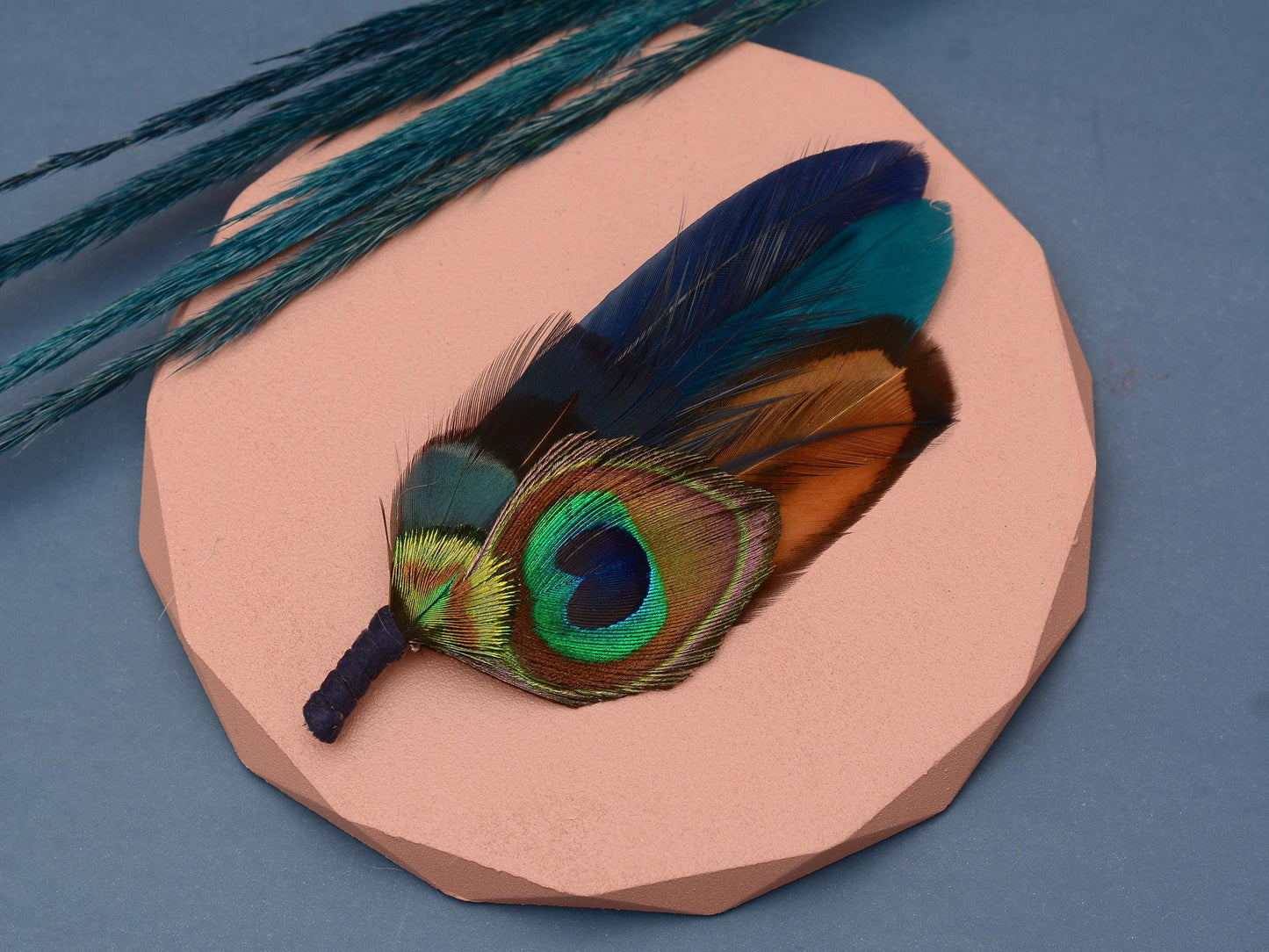 Navy and Teal Peacock Feather Boutonniere / Hat Pin | Peacock Feather Brooch