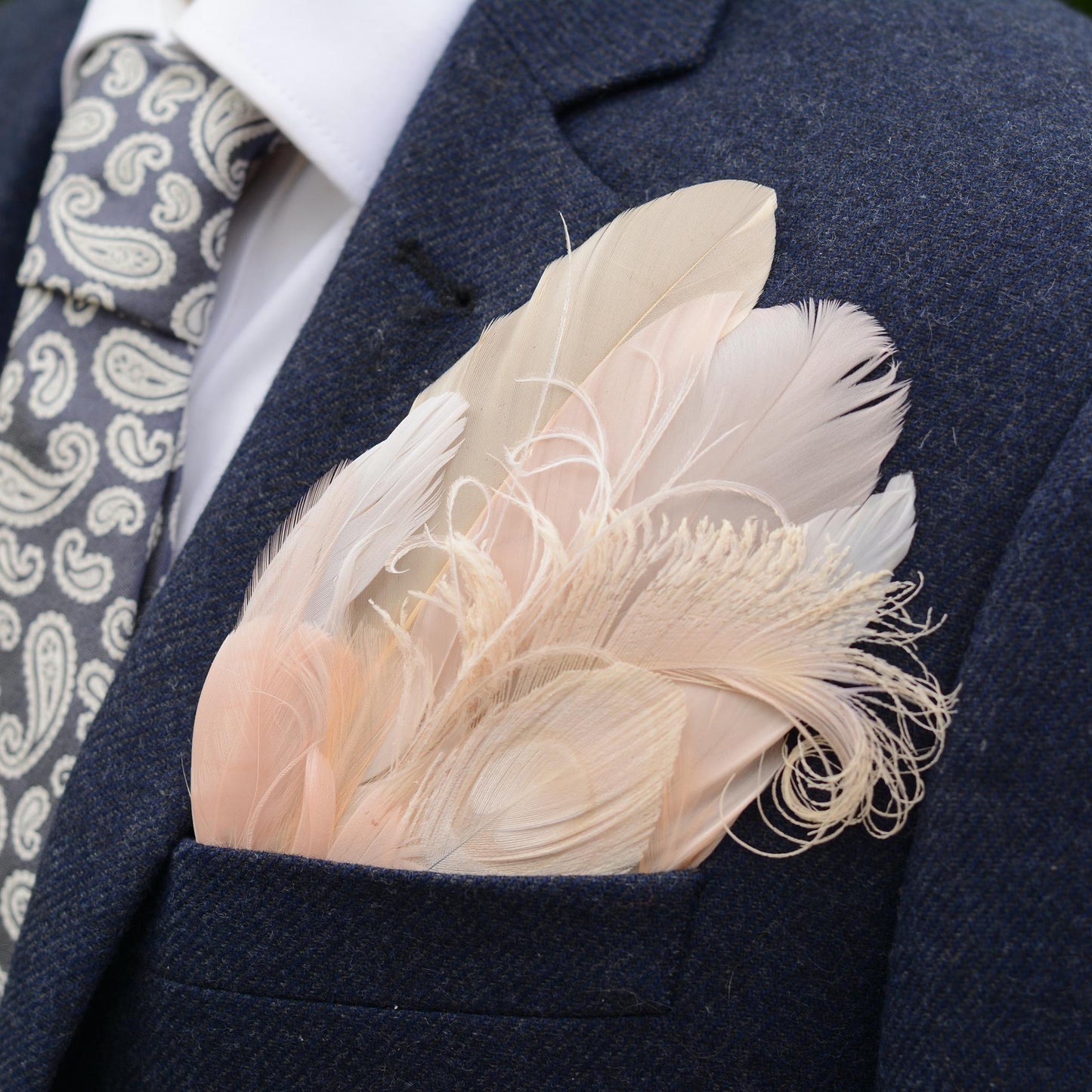 Ivory and Blush Pink Feather Pocket Square No.279 | Suit Accessory | Feather Neck Tie | Grooms Outfit | Groomsmen Gift | Wedding