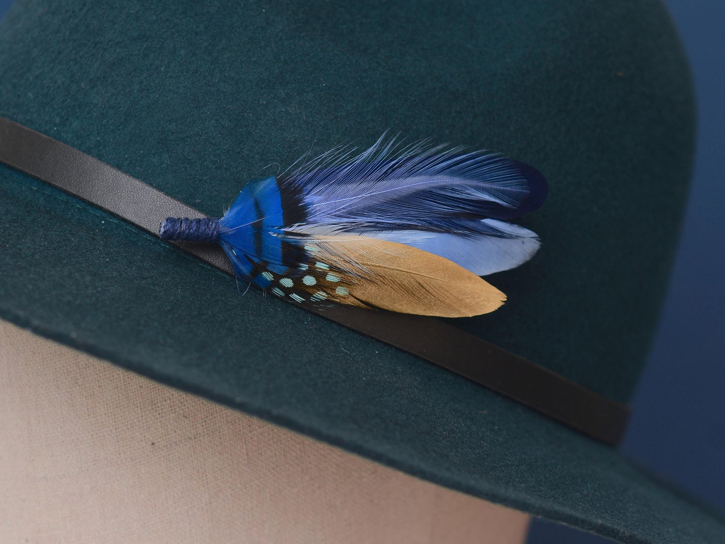 Shades of Blue and Gold Feather Lapel Pin / Hat Pin | Feather Boutonniere | Duck Feather Brooch