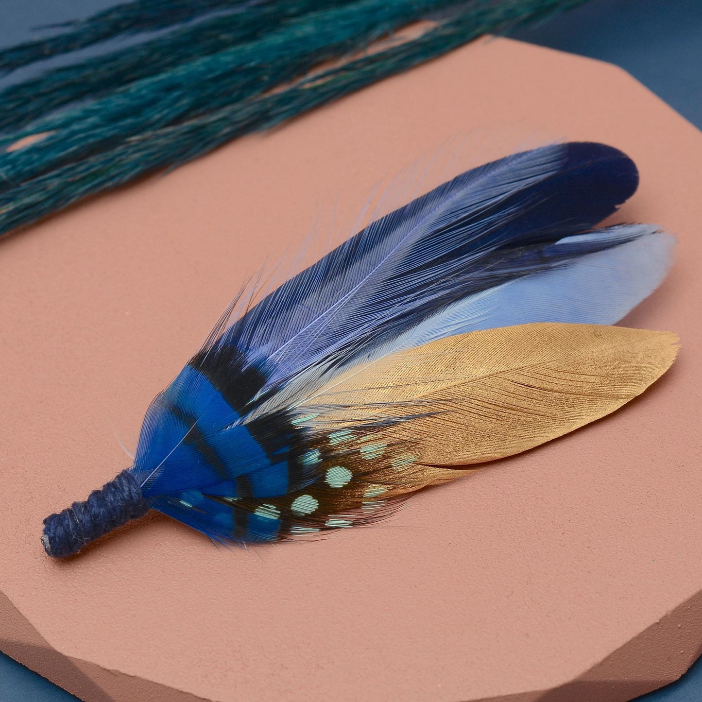 Shades of Blue and Gold Feather Lapel Pin / Hat Pin | Feather Boutonniere | Duck Feather Brooch