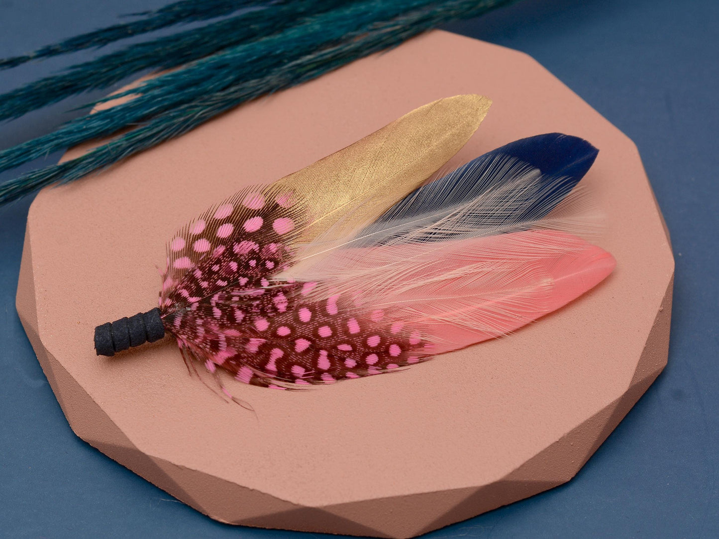 Navy Blue, Blush Pink and Gold Feather Brooch | Duck Feather Boutonniere | Feather Hat Pin