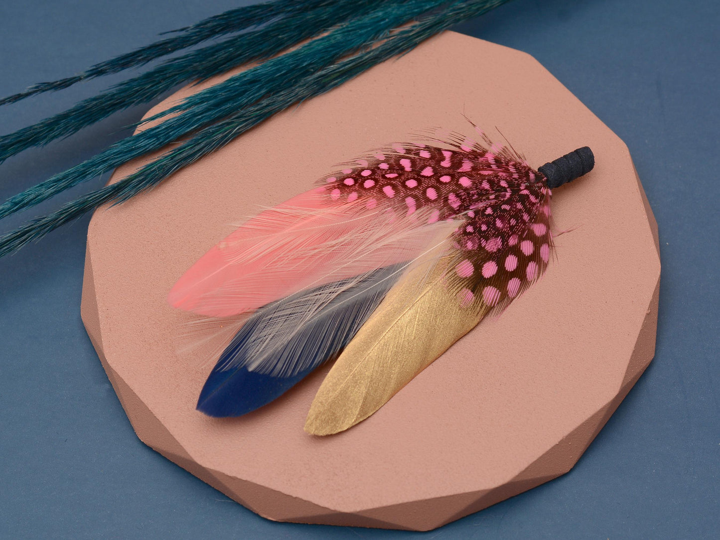 Navy Blue, Blush Pink and Gold Feather Brooch | Duck Feather Boutonniere | Feather Hat Pin