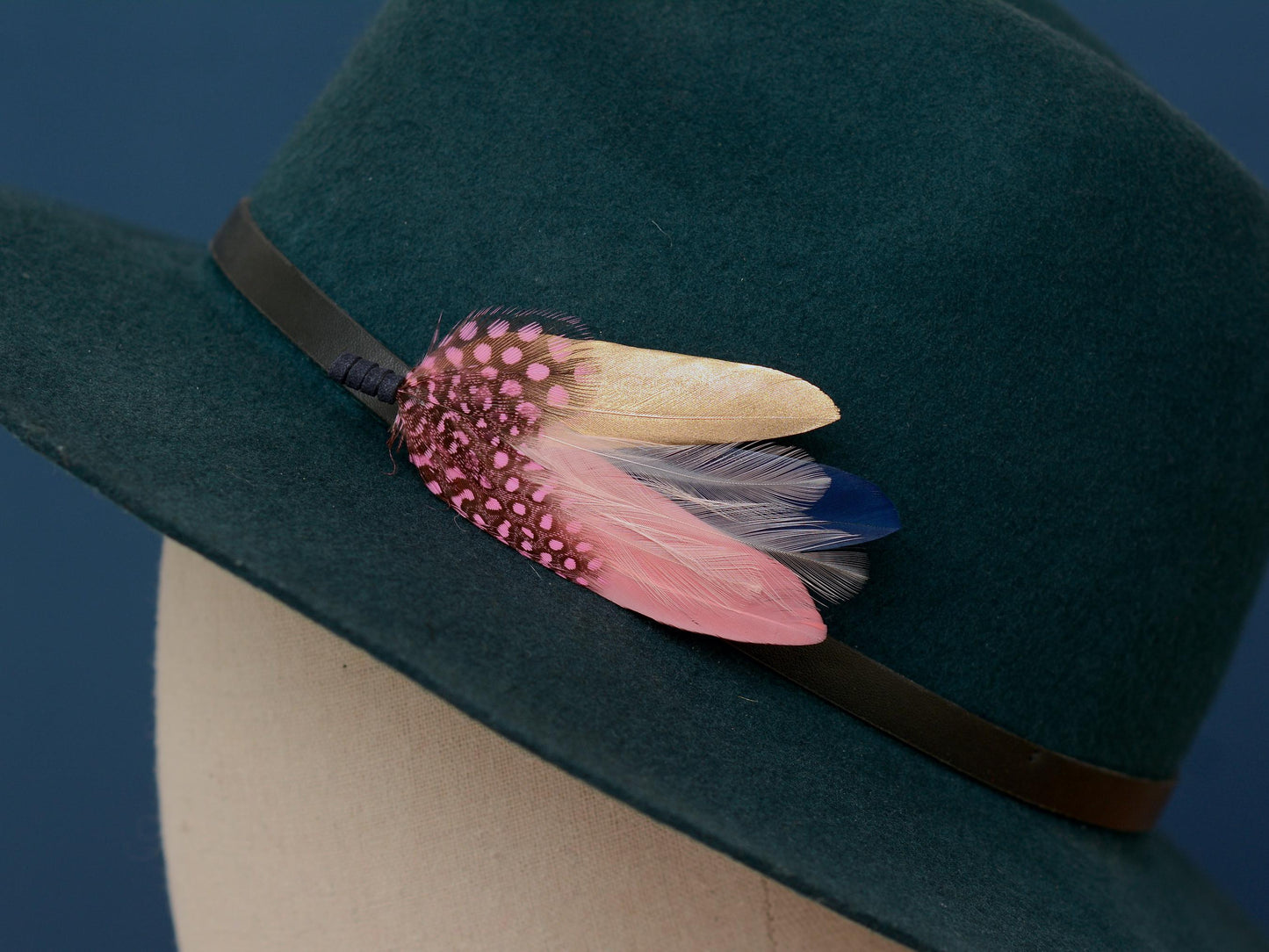 Navy Blue, Blush Pink and Gold Feather Brooch | Duck Feather Boutonniere | Feather Hat Pin