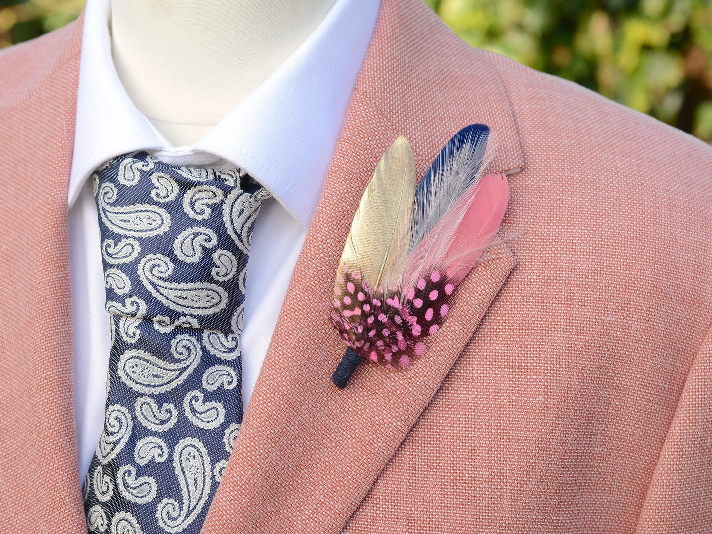 Navy Blue, Blush Pink and Gold Feather Brooch | Duck Feather Boutonniere | Feather Hat Pin