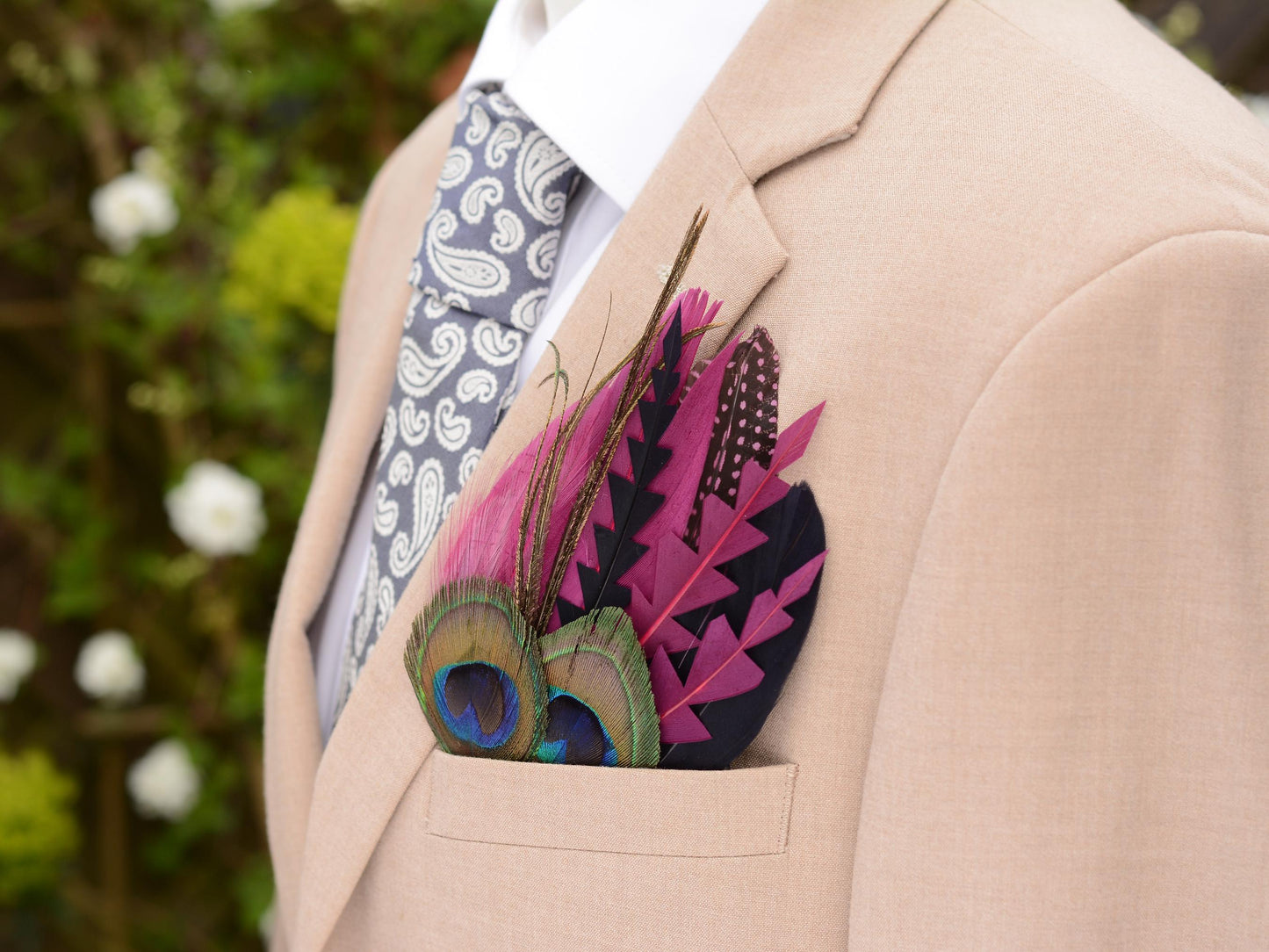 Plum Purple and Peacock Feather Pocket Square No.214 | Suit Accessory | Feather Neck Tie | Grooms Outfit | Groomsmen Gift