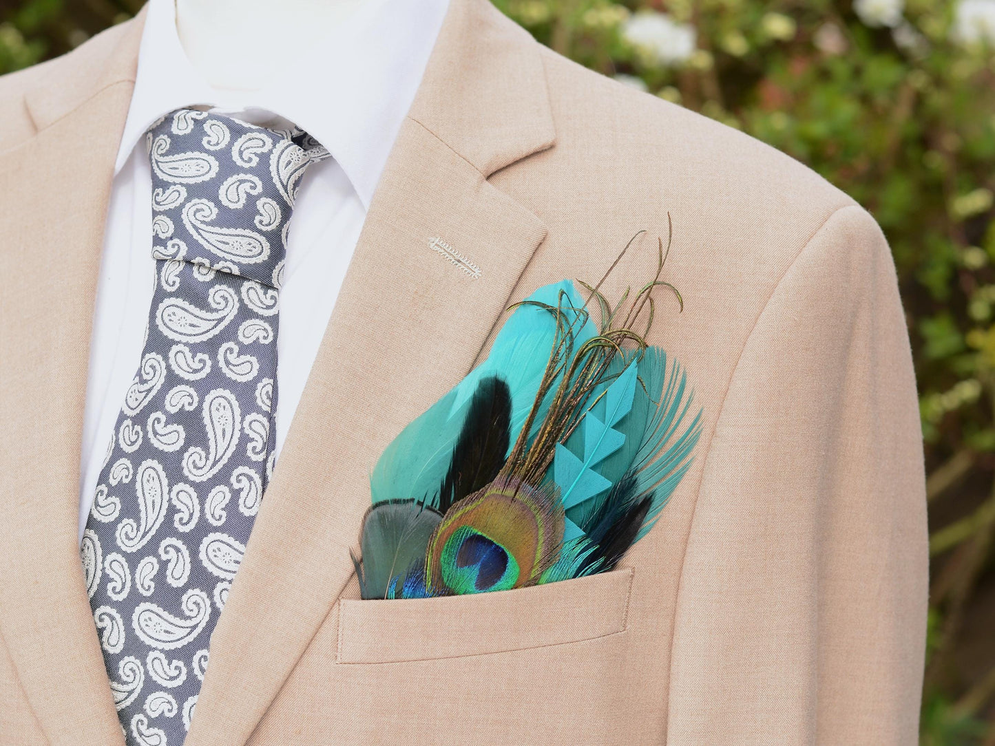 Peacock Feather Pocket Square in Shades of Teal and Turquoise No.238 | Suit Accessory | Feather Neck Tie | Grooms Outfit | Groomsmen Gift
