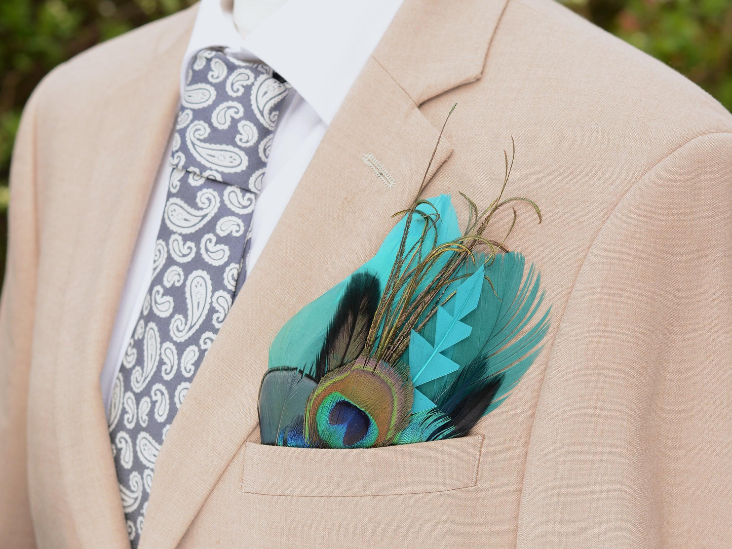 Peacock Feather Pocket Square in Shades of Teal and Turquoise No.238 | Suit Accessory | Feather Neck Tie | Grooms Outfit | Groomsmen Gift