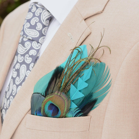 Peacock Feather Pocket Square in Shades of Teal and Turquoise No.238 | Suit Accessory | Feather Neck Tie | Grooms Outfit | Groomsmen Gift