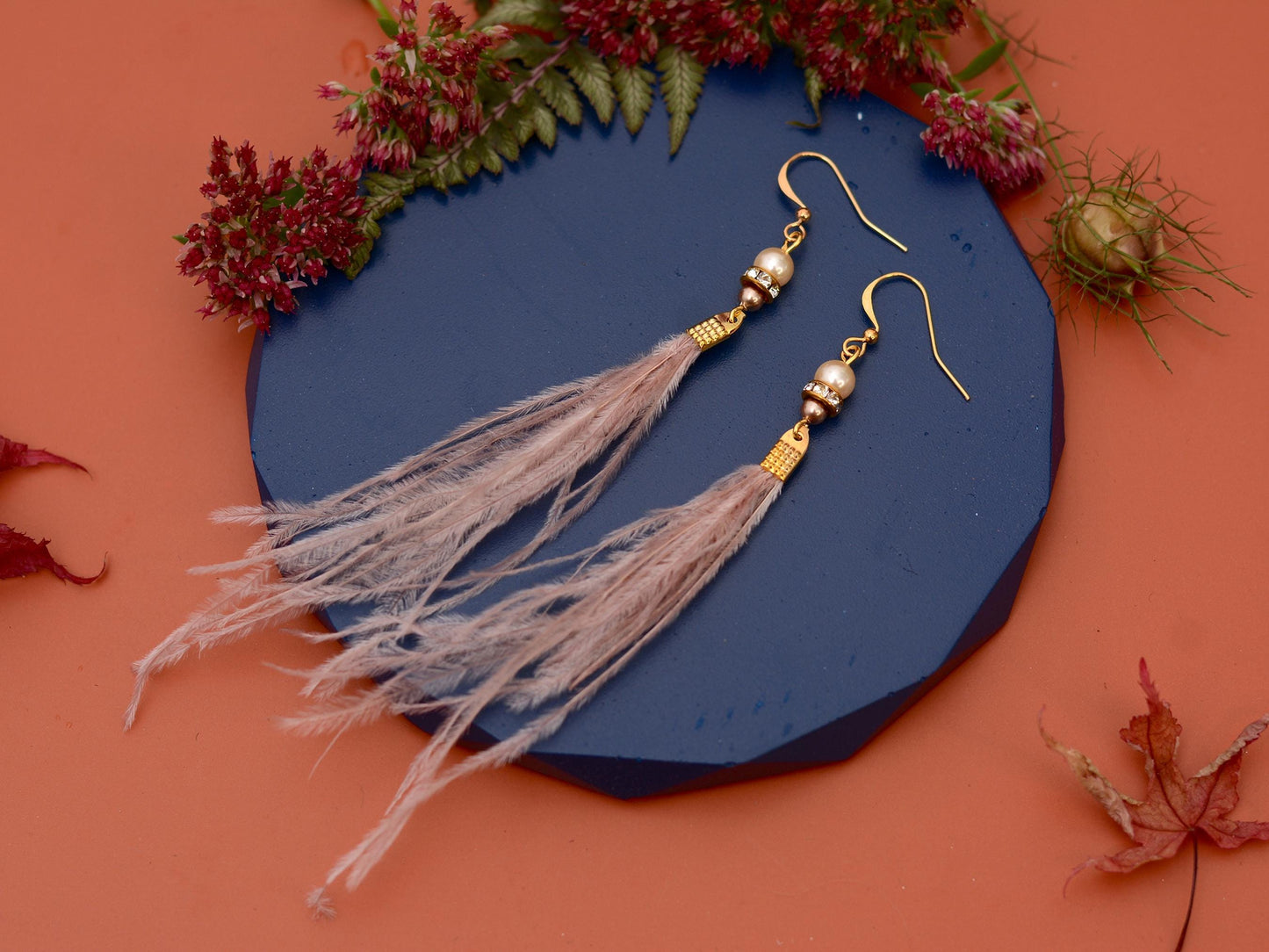 Feather Earrings in Blush Pink Ostrich Feather Earrings with Pearl and Crystal Detail in Gold