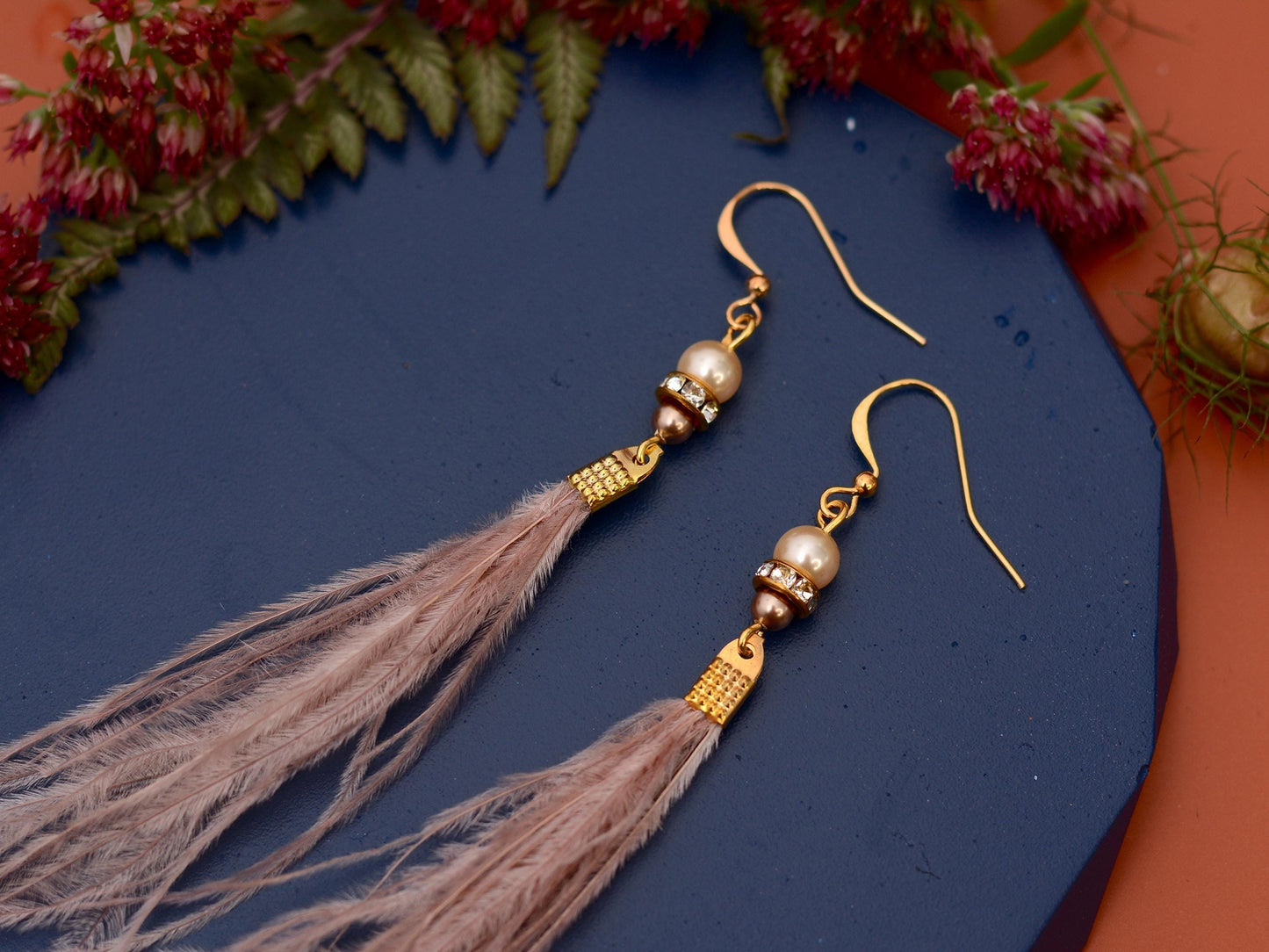 Feather Earrings in Blush Pink Ostrich Feather Earrings with Pearl and Crystal Detail in Gold