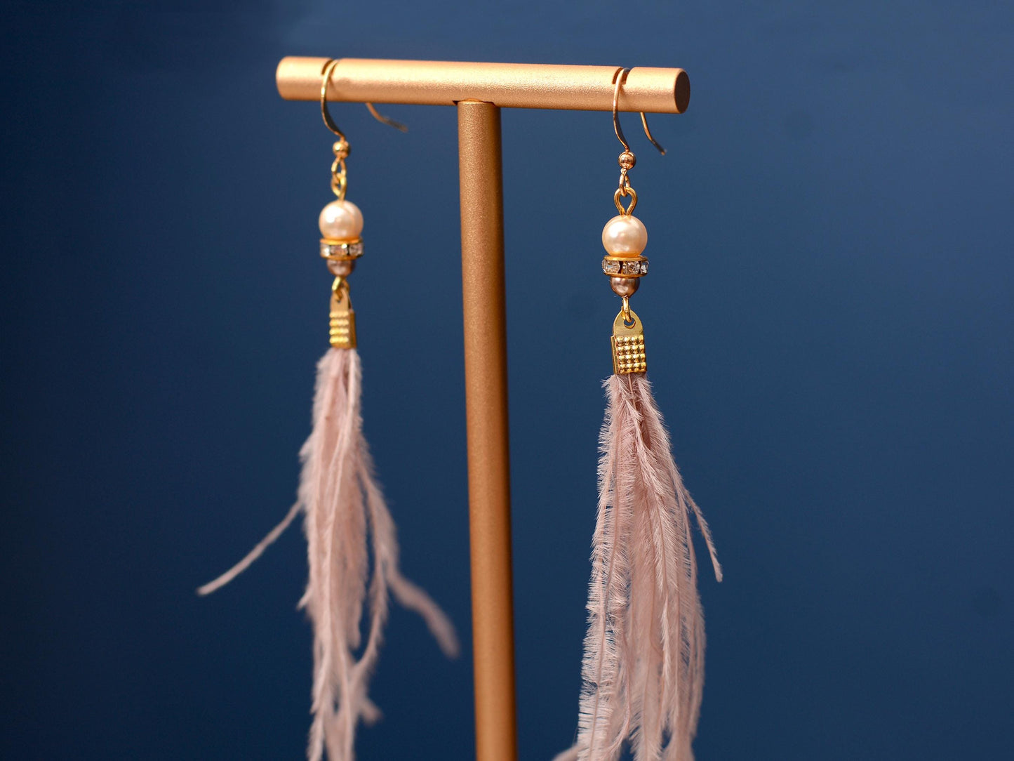 Feather Earrings in Blush Pink Ostrich Feather Earrings with Pearl and Crystal Detail in Gold