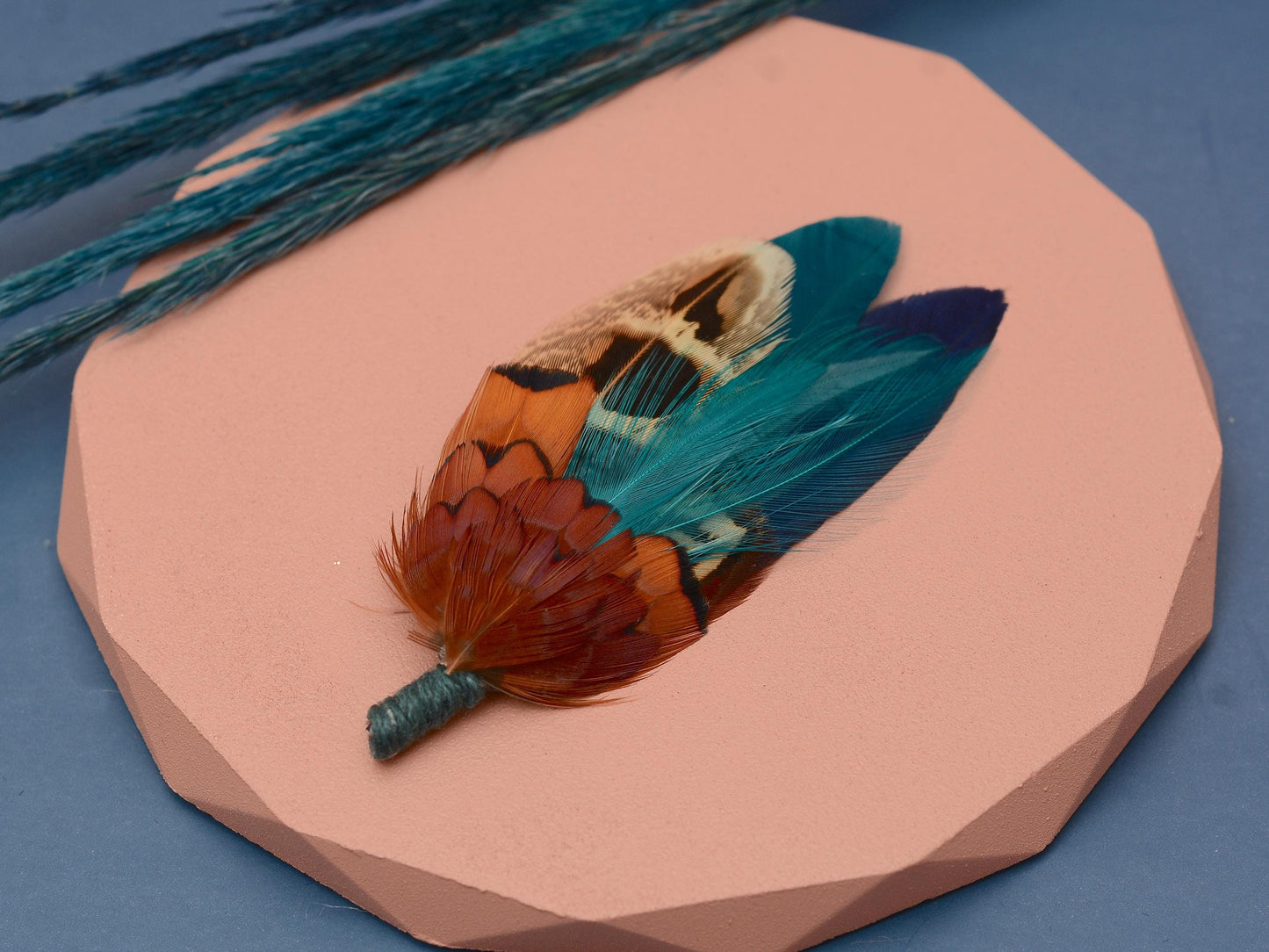 Navy Blue and Teal Pheasant Feather Pin | Feather Boutonniere | Duck Feather Brooch / Hat Pin
