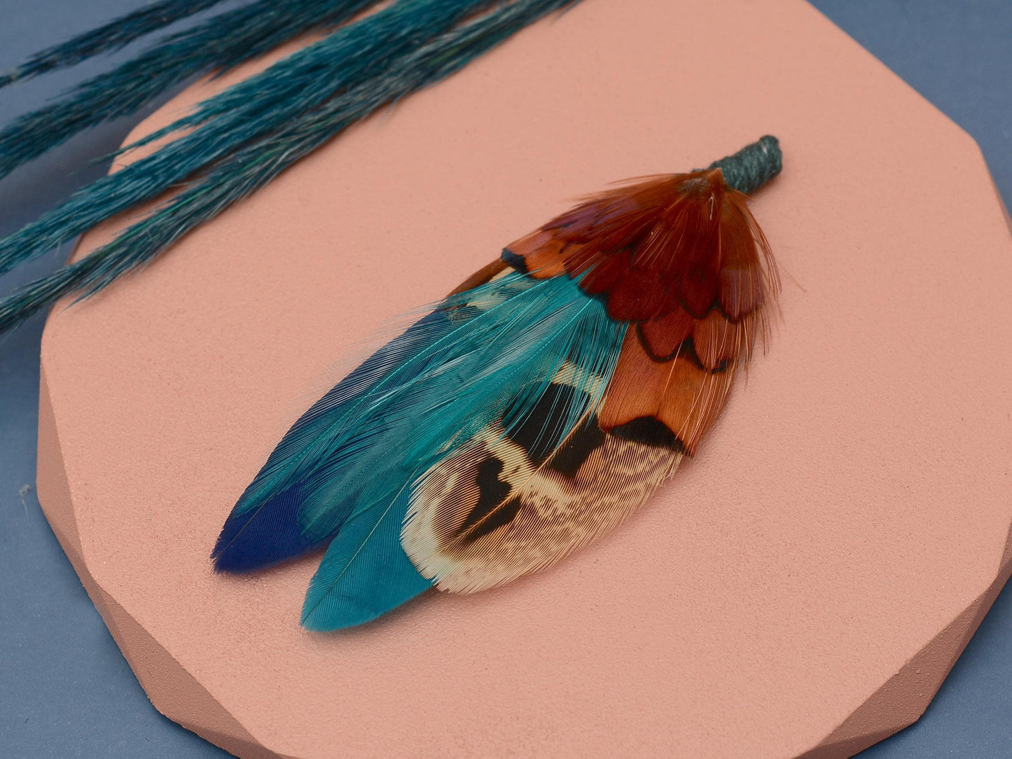 Navy Blue and Teal Pheasant Feather Pin | Feather Boutonniere | Duck Feather Brooch / Hat Pin