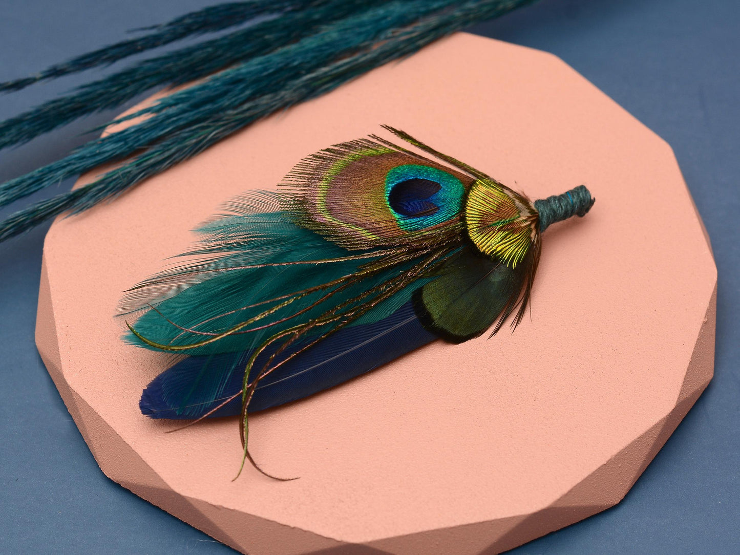 Teal and Navy Peacock Feather Boutonniere | Peacock Feather Corsage | Peacock Feather Brooch